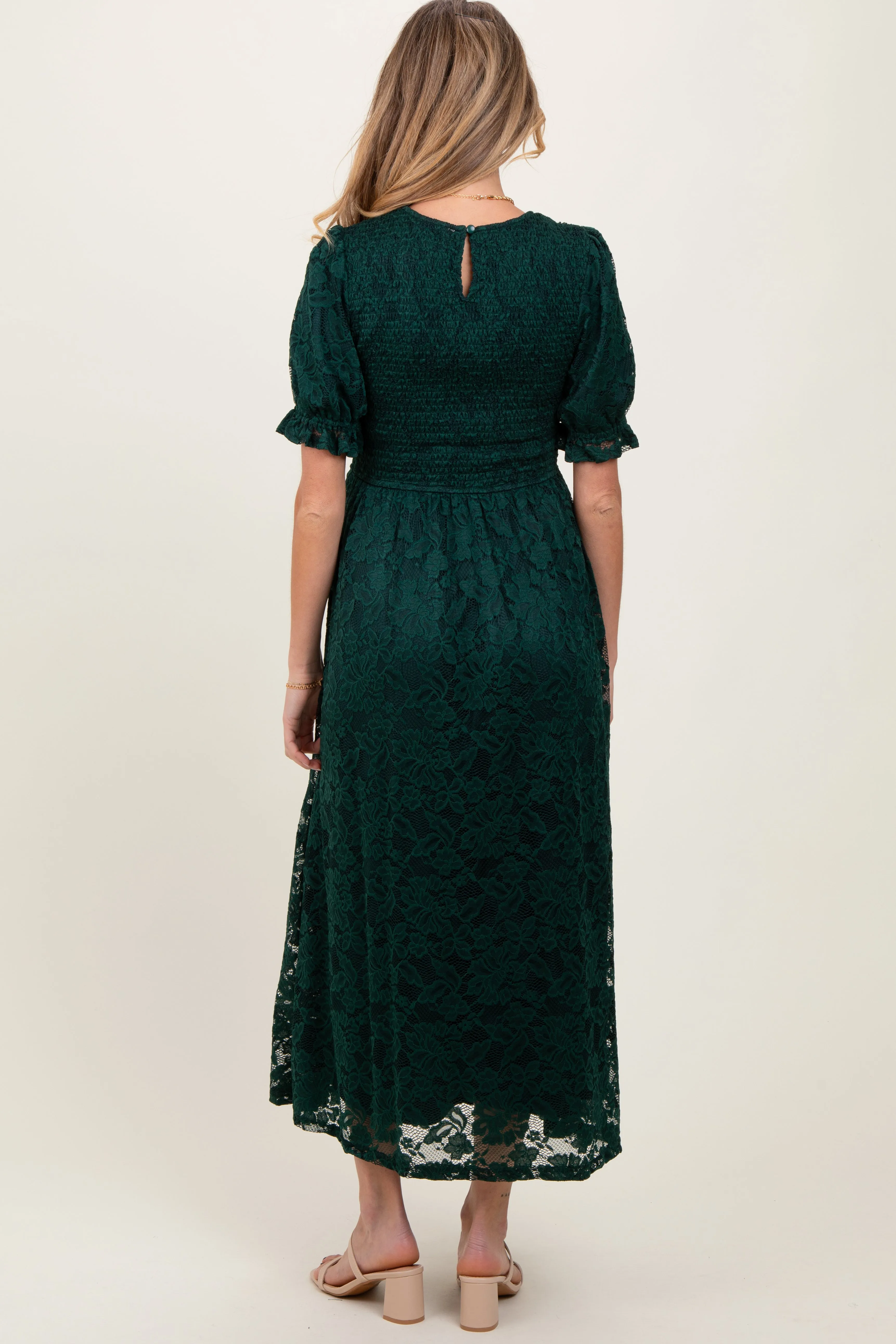 Forest Green Lace Smocked Short Sleeve Maternity Midi Dress sold by Pinkblush product image thumbnail 3