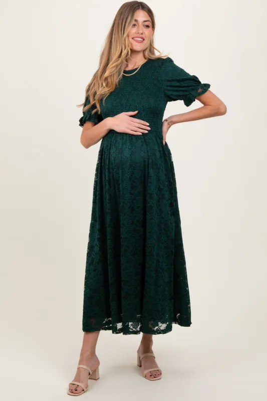 Forest Green Lace Smocked Short Sleeve Maternity Midi Dress sold by Pinkblush