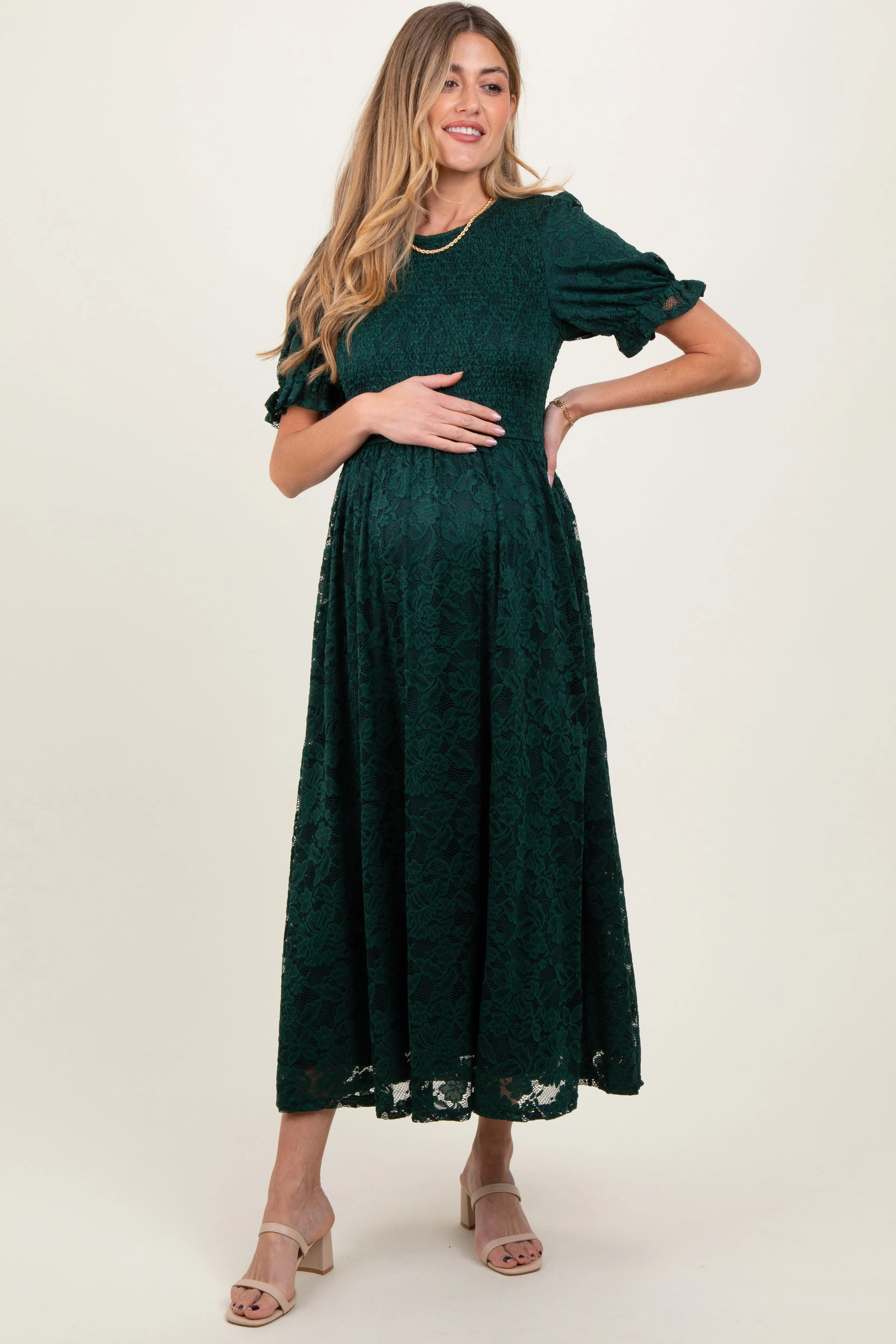 Forest Green Lace Smocked Short Sleeve Maternity Midi Dress sold by Pinkblush