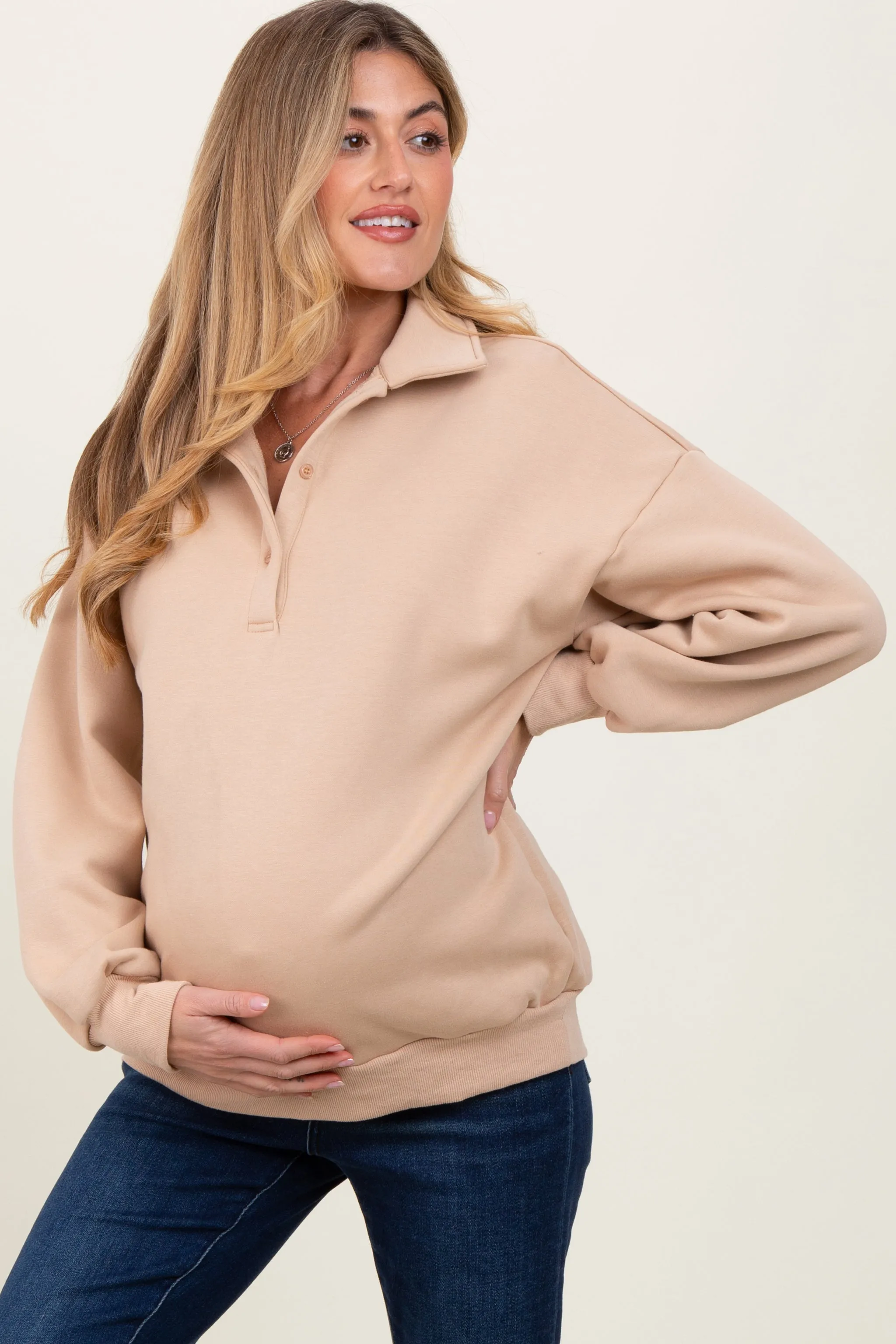 Beige Oversized Long Sleeve Polo Maternity Pullover sold by Pinkblush product image thumbnail 2