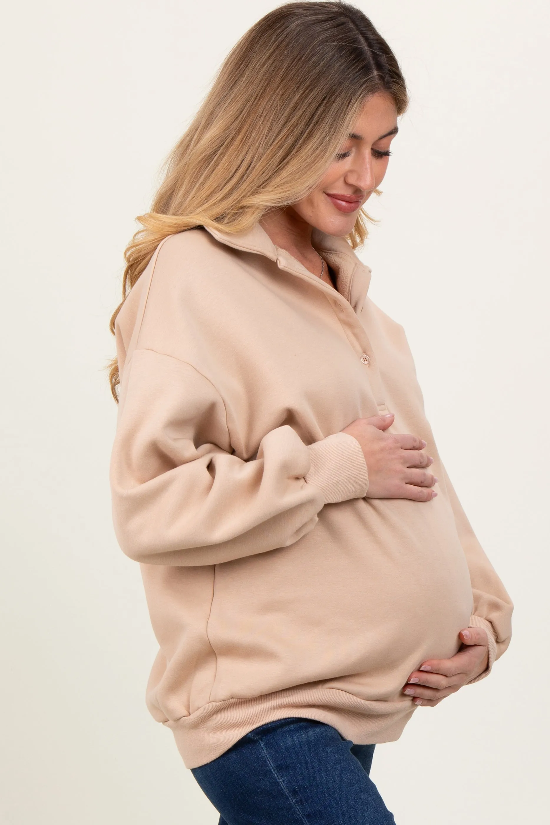 Beige Oversized Long Sleeve Polo Maternity Pullover sold by Pinkblush product image thumbnail 3
