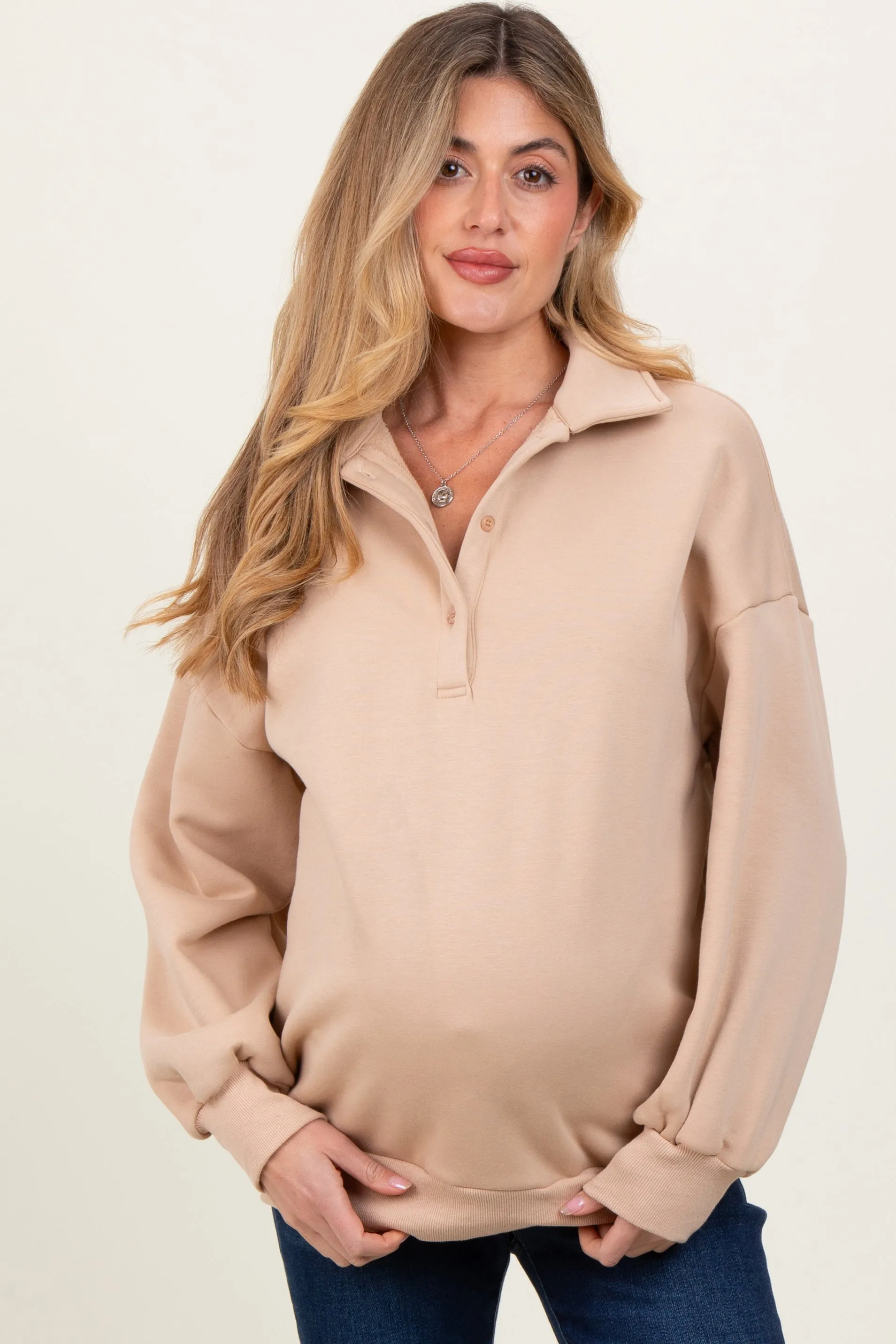 Beige Oversized Long Sleeve Polo Maternity Pullover sold by Pinkblush