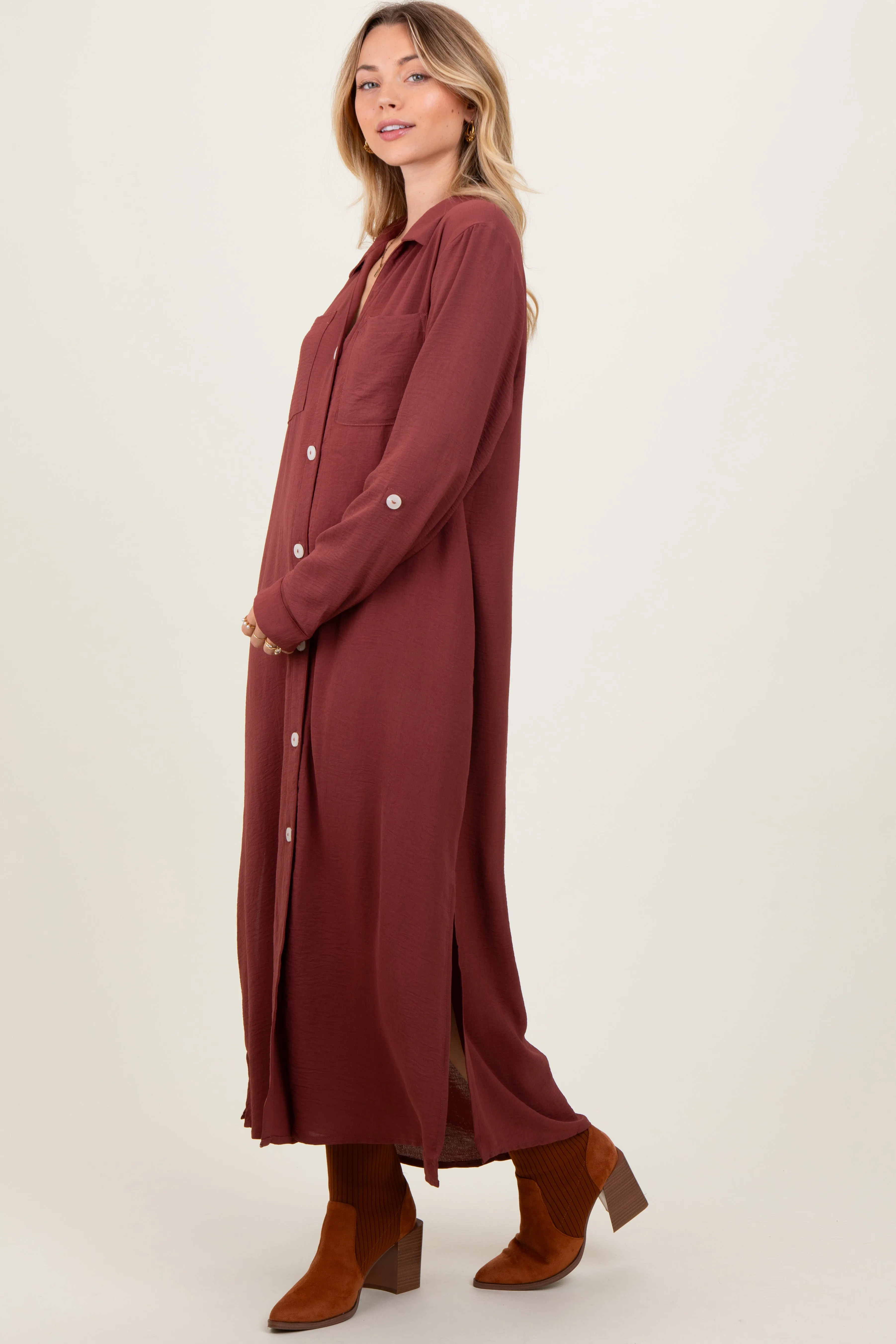 Rust Long Sleeve Button Down Maxi Dress sold by Pinkblush product image thumbnail 2