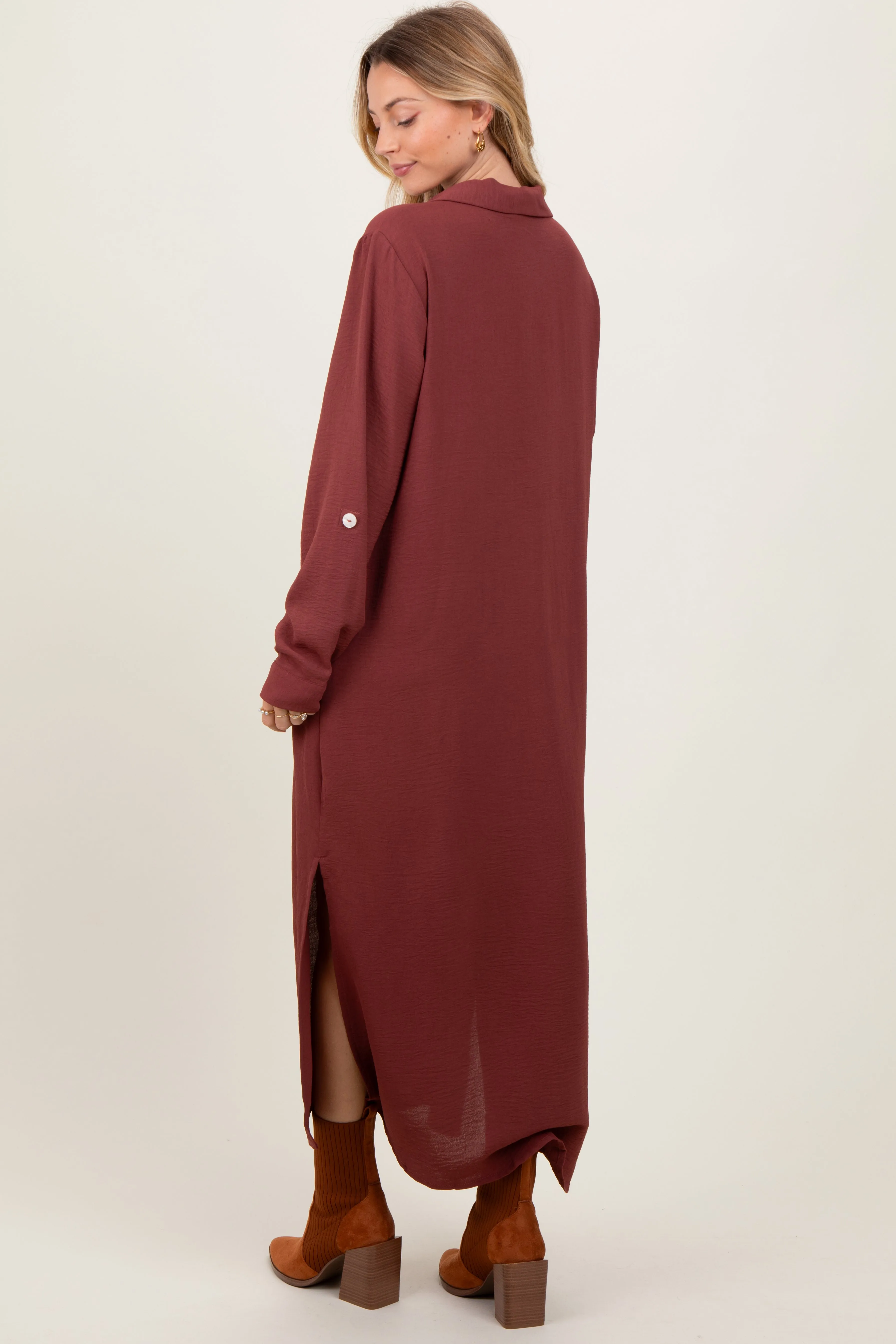 Rust Long Sleeve Button Down Maxi Dress sold by Pinkblush product image thumbnail 3