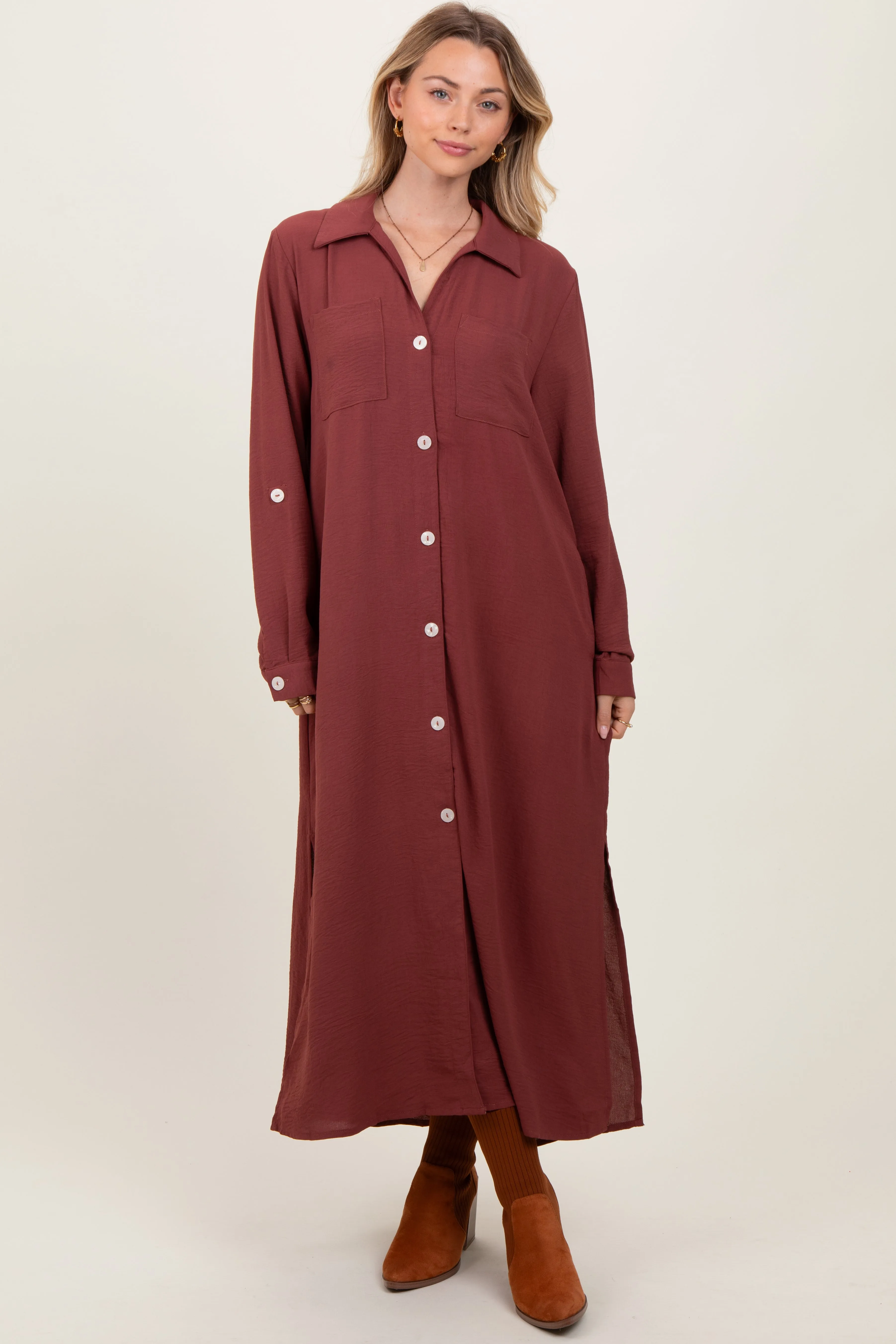 Rust Long Sleeve Button Down Maxi Dress sold by Pinkblush