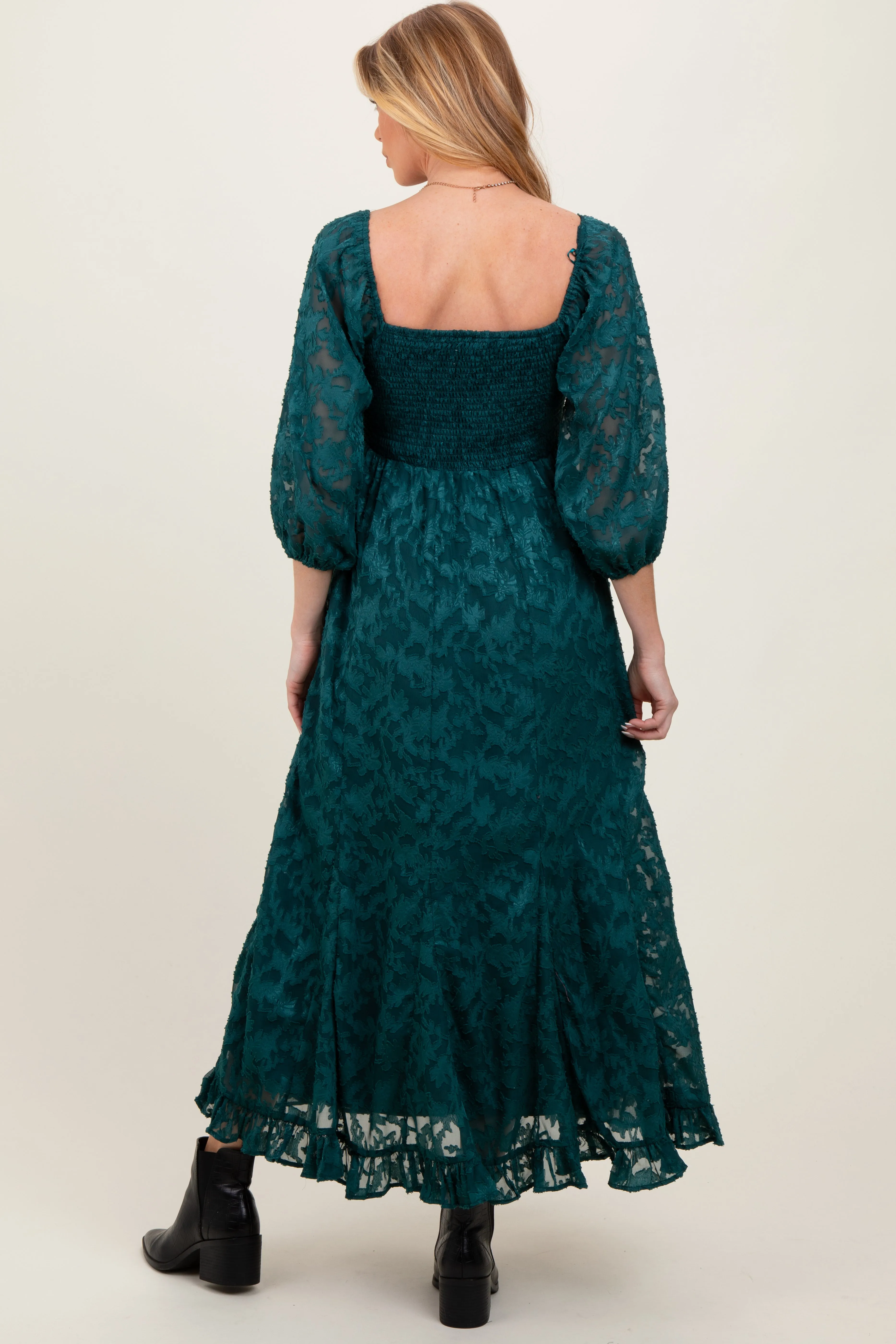 Forest Green Textured Overlay Smocked Ruffled Hem Maternity Maxi Dress sold by Pinkblush product image thumbnail 4