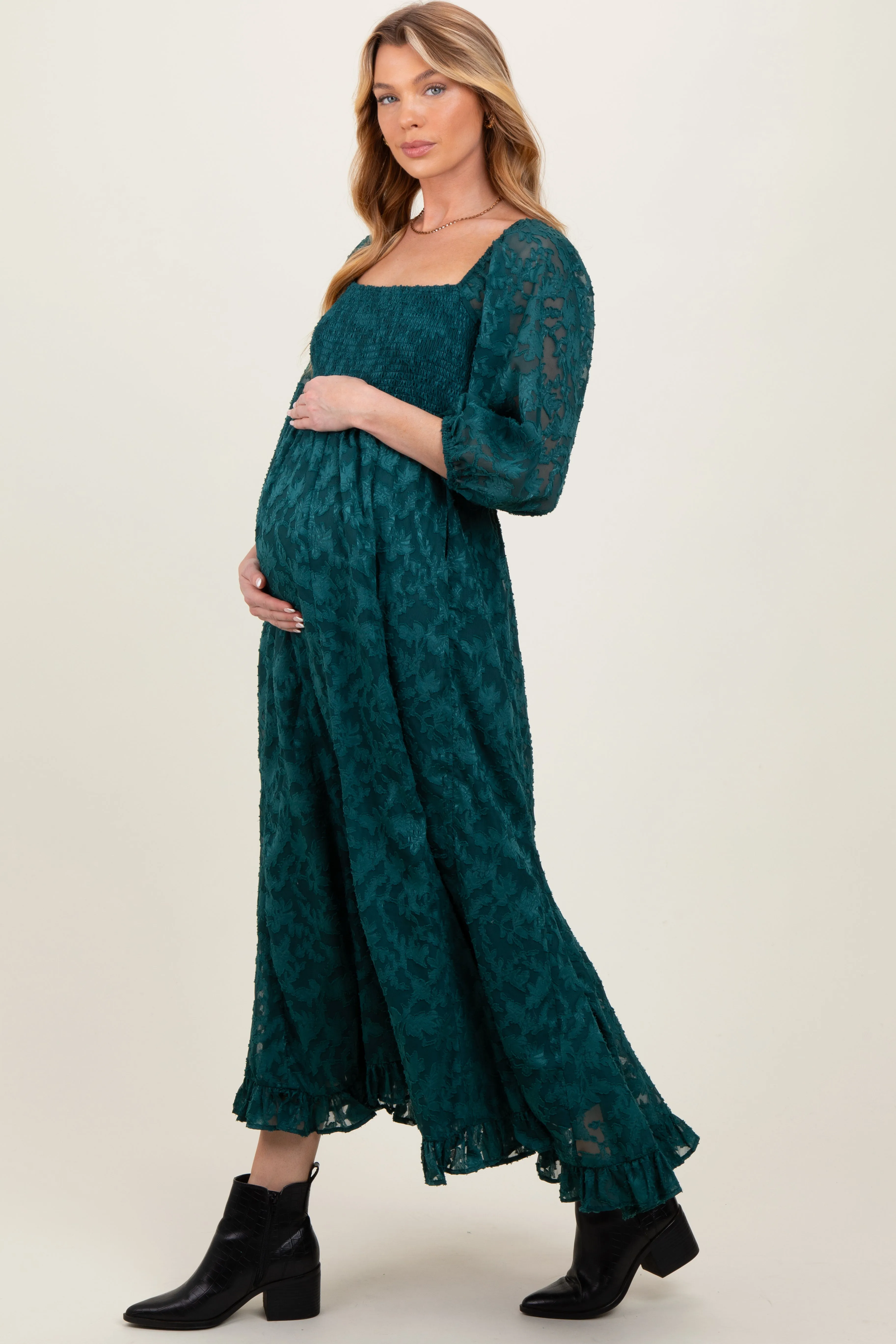 Forest Green Textured Overlay Smocked Ruffled Hem Maternity Maxi Dress sold by Pinkblush