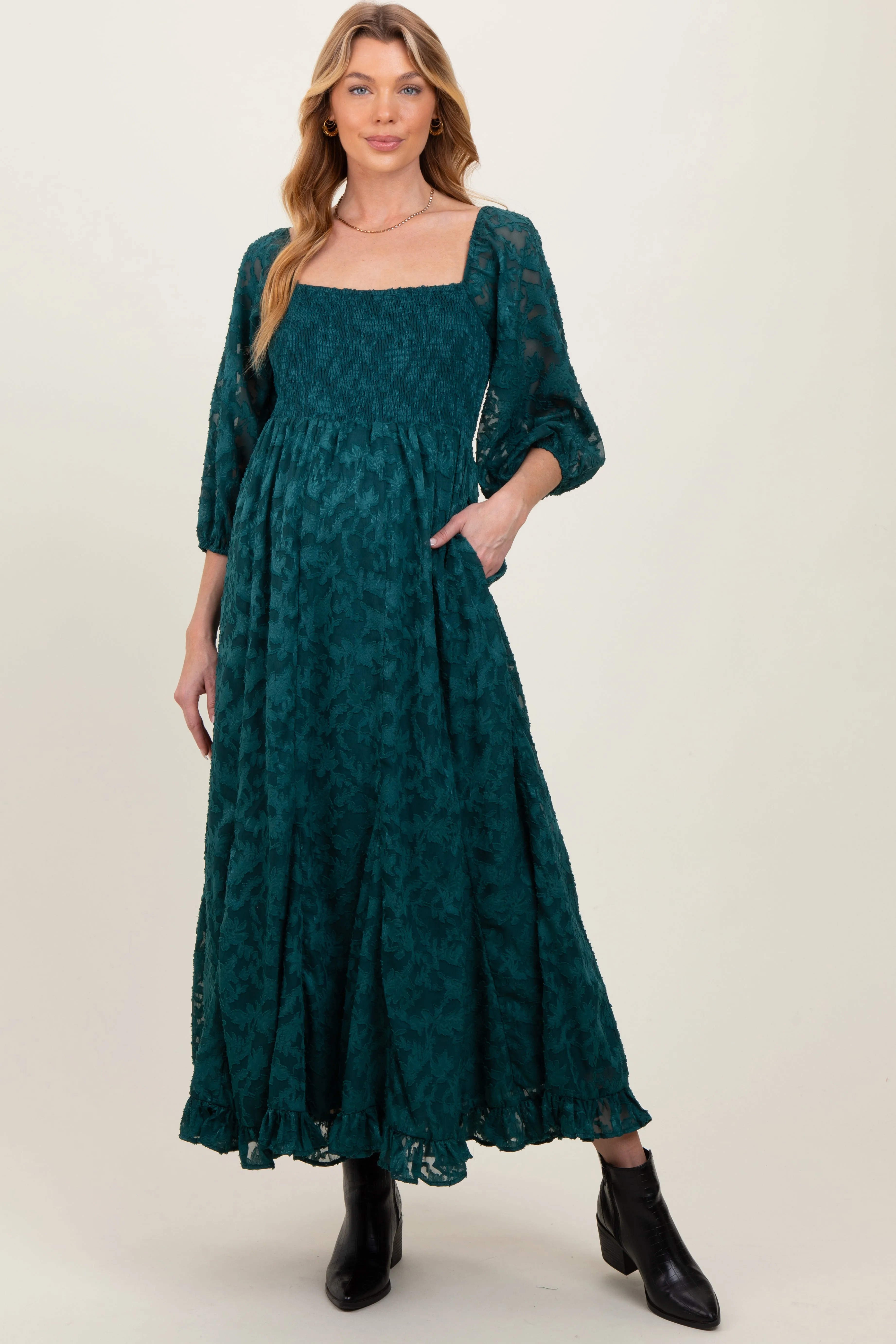 Forest Green Textured Overlay Smocked Ruffled Hem Maternity Maxi Dress sold by Pinkblush product image thumbnail 2