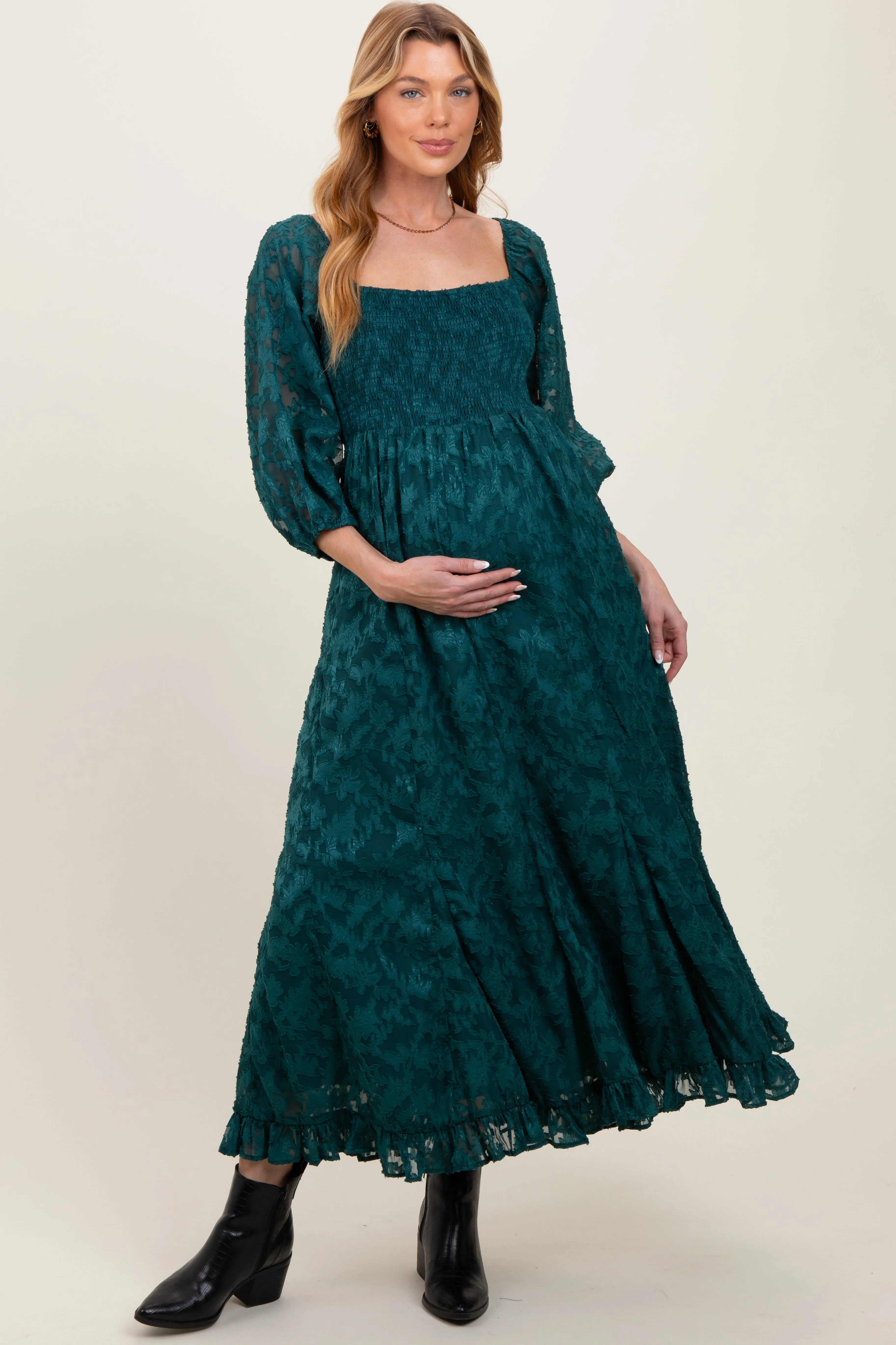 Forest Green Textured Overlay Smocked Ruffled Hem Maternity Maxi Dress sold by Pinkblush product image thumbnail 3