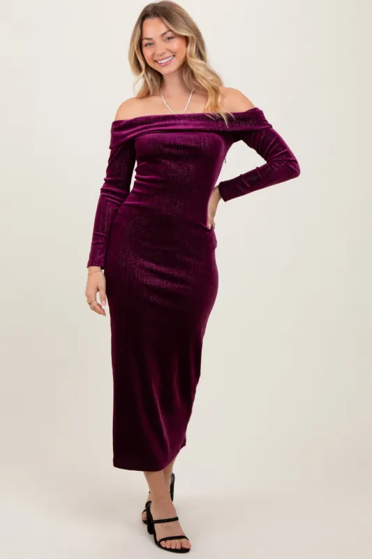 Plum Shiny Velour Off Shoulder Midi Dress sold by Pinkblush
