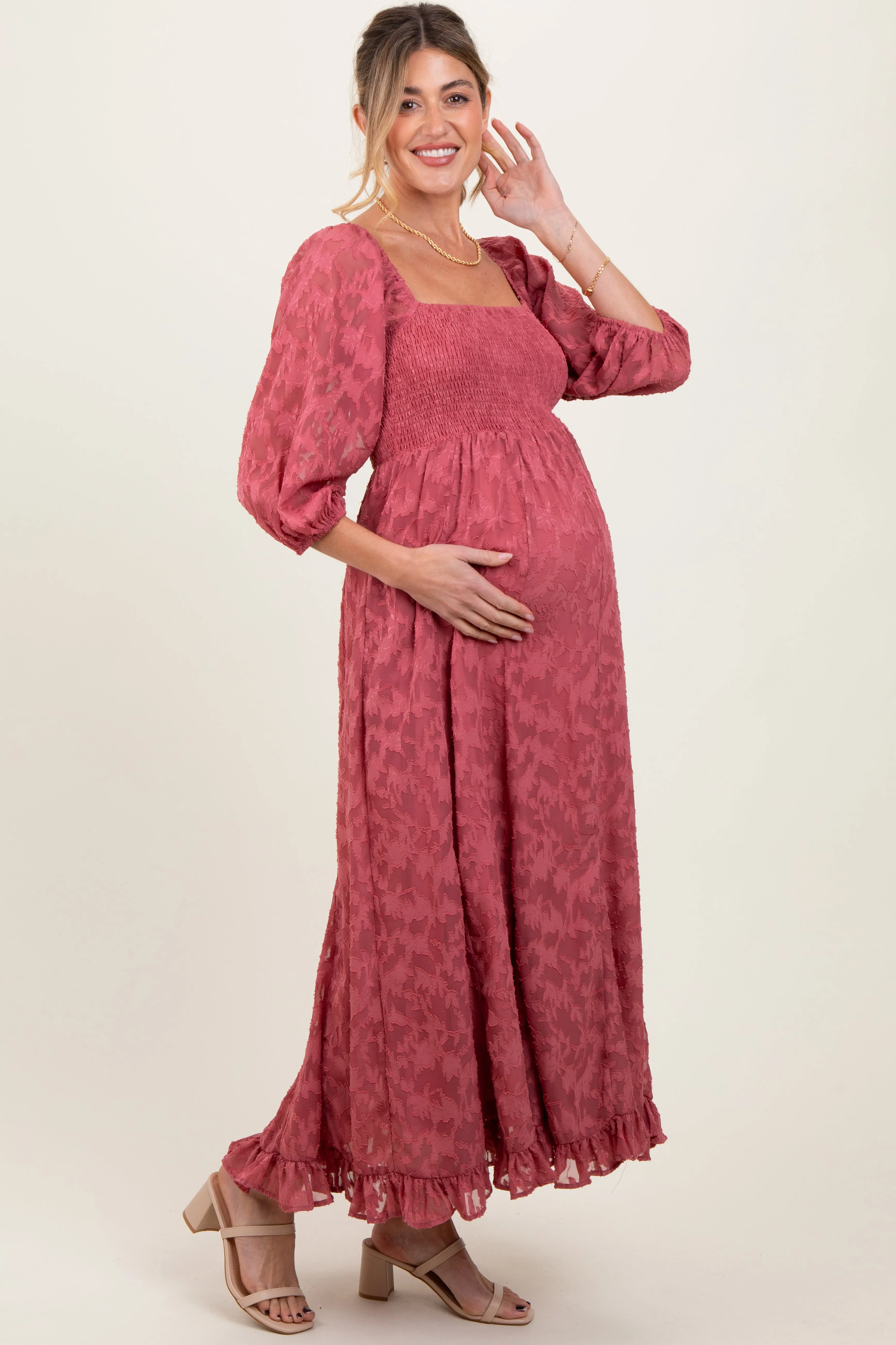 Mauve Textured Overlay Smocked Ruffled Hem Maternity Maxi Dress sold by Pinkblush product image thumbnail 2