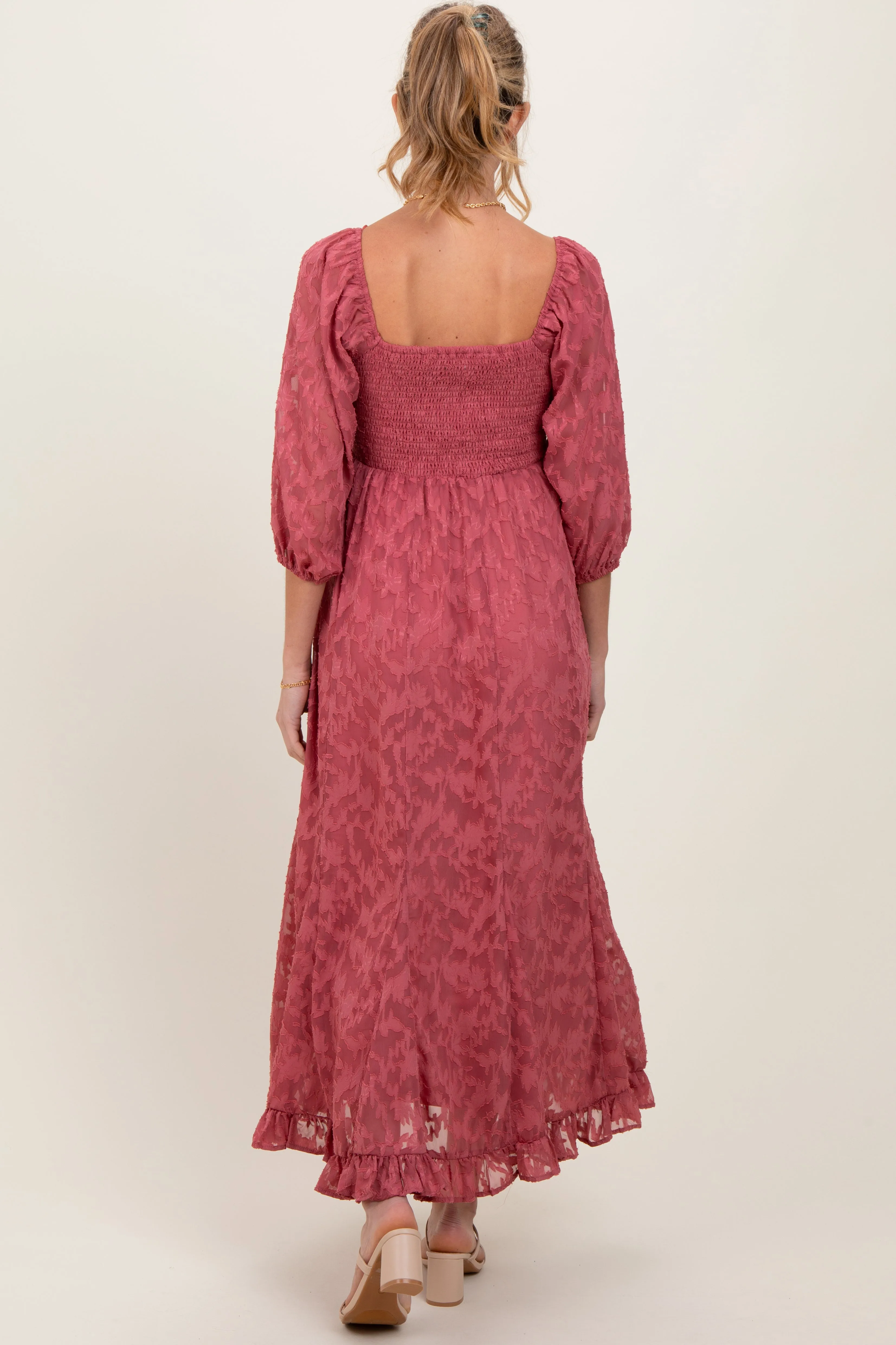 Mauve Textured Overlay Smocked Ruffled Hem Maternity Maxi Dress sold by Pinkblush product image thumbnail 3