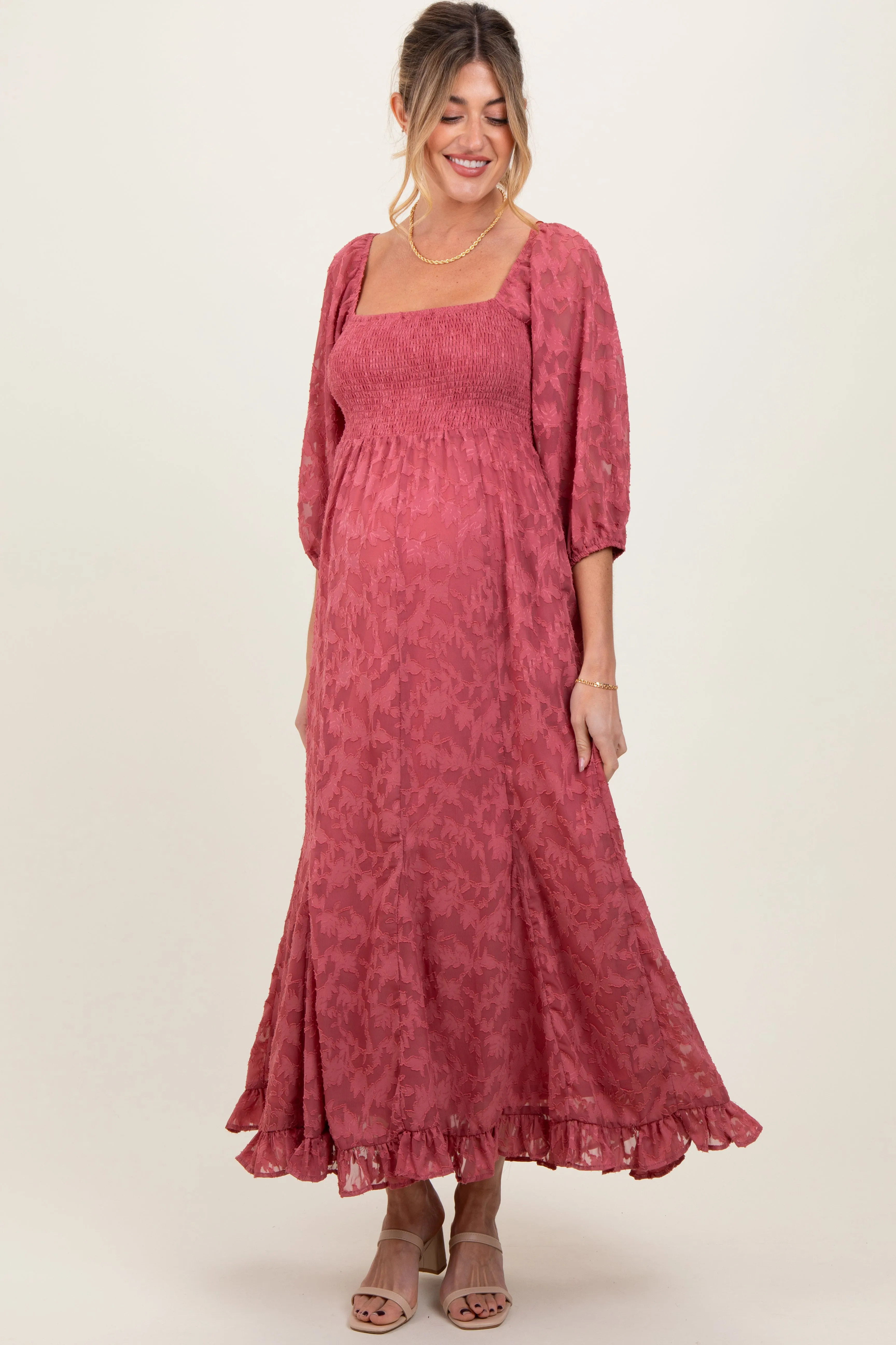 Mauve Textured Overlay Smocked Ruffled Hem Maternity Maxi Dress sold by Pinkblush