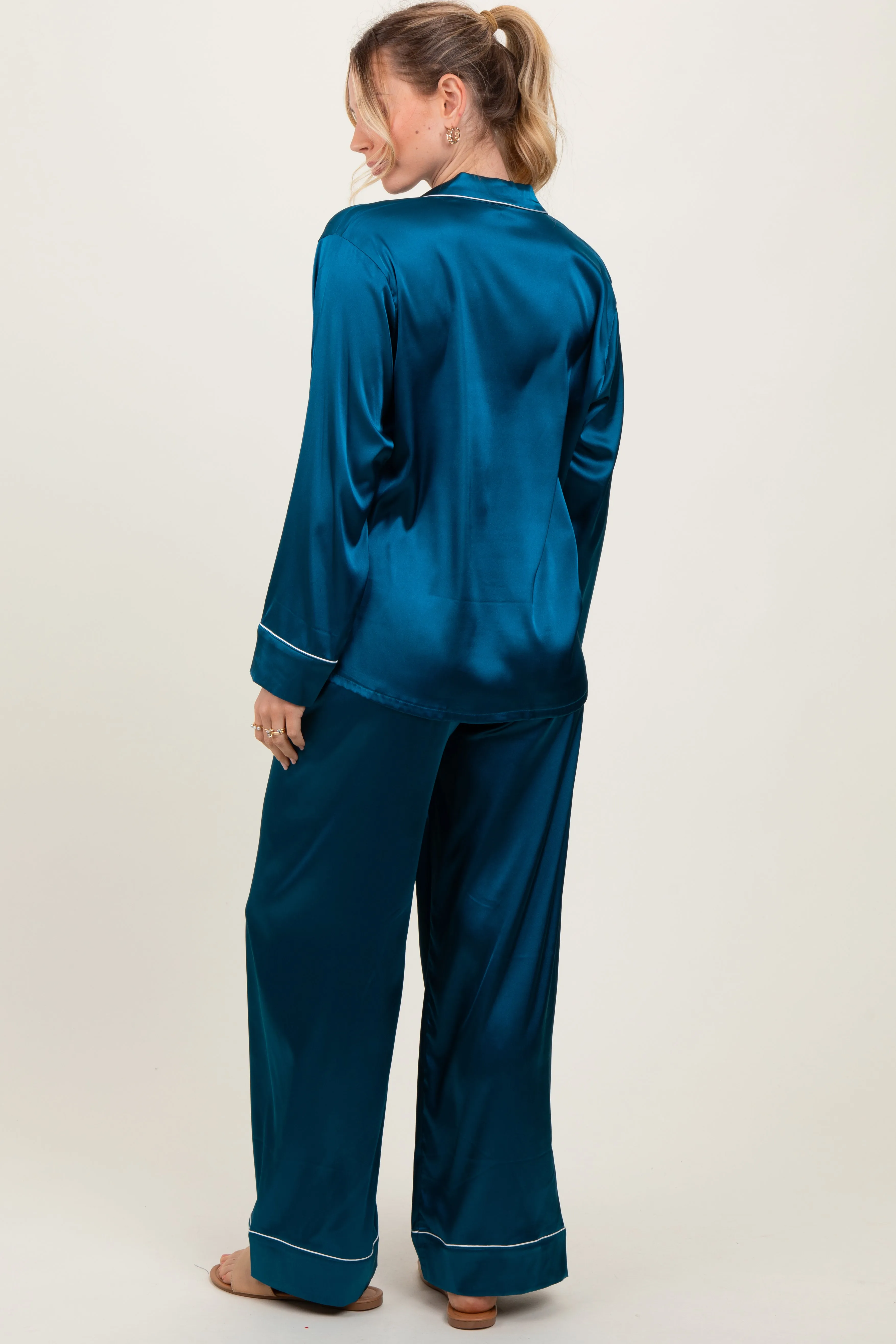 Teal Satin Contrast Trim Long Sleeve Pajama Set sold by Pinkblush product image thumbnail 4