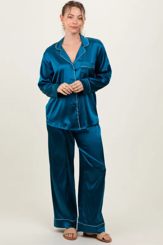 Teal Satin Contrast Trim Long Sleeve Pajama Set sold by Pinkblush