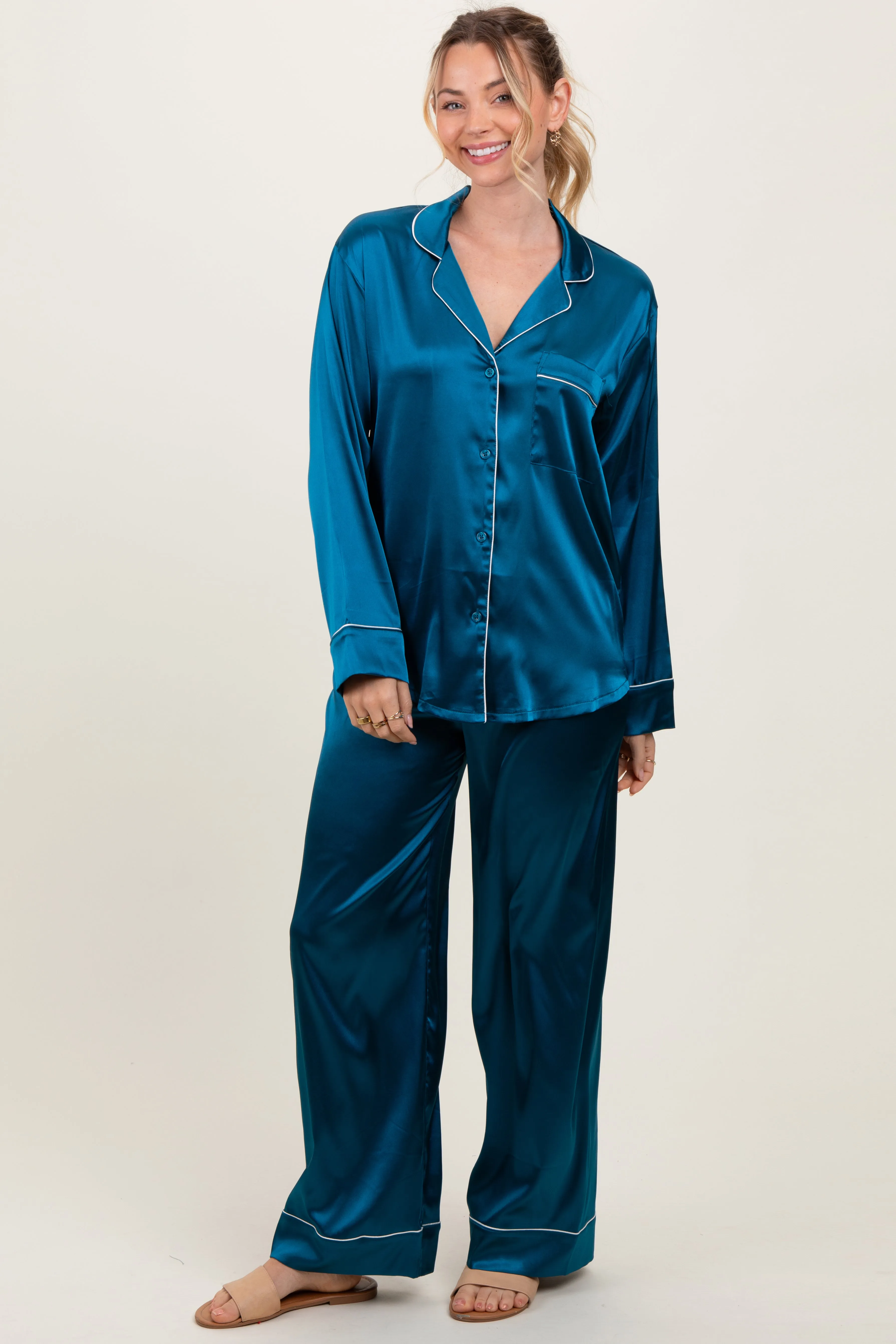 Teal Satin Contrast Trim Long Sleeve Pajama Set sold by Pinkblush product image thumbnail 2