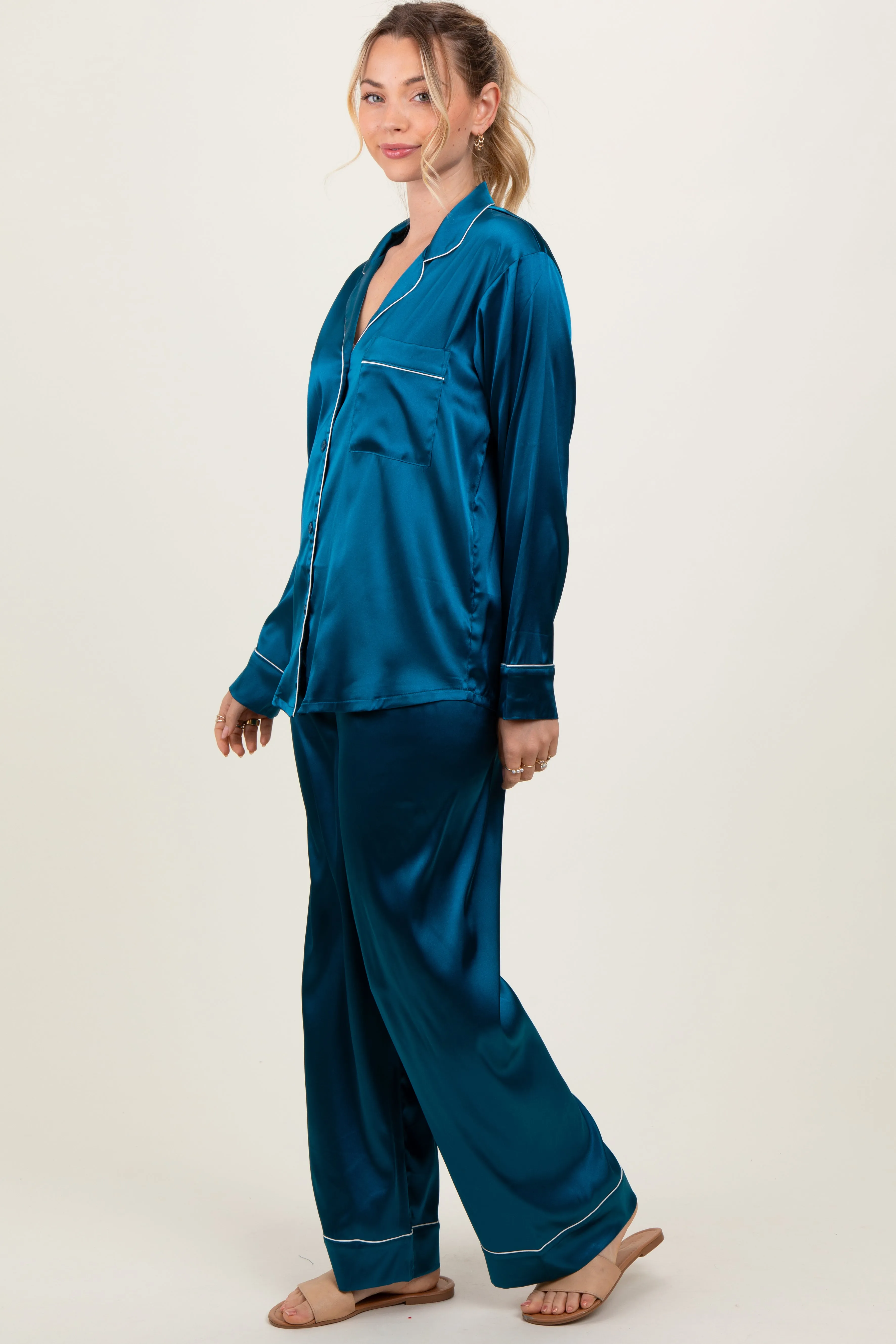 Teal Satin Contrast Trim Long Sleeve Pajama Set sold by Pinkblush product image thumbnail 3
