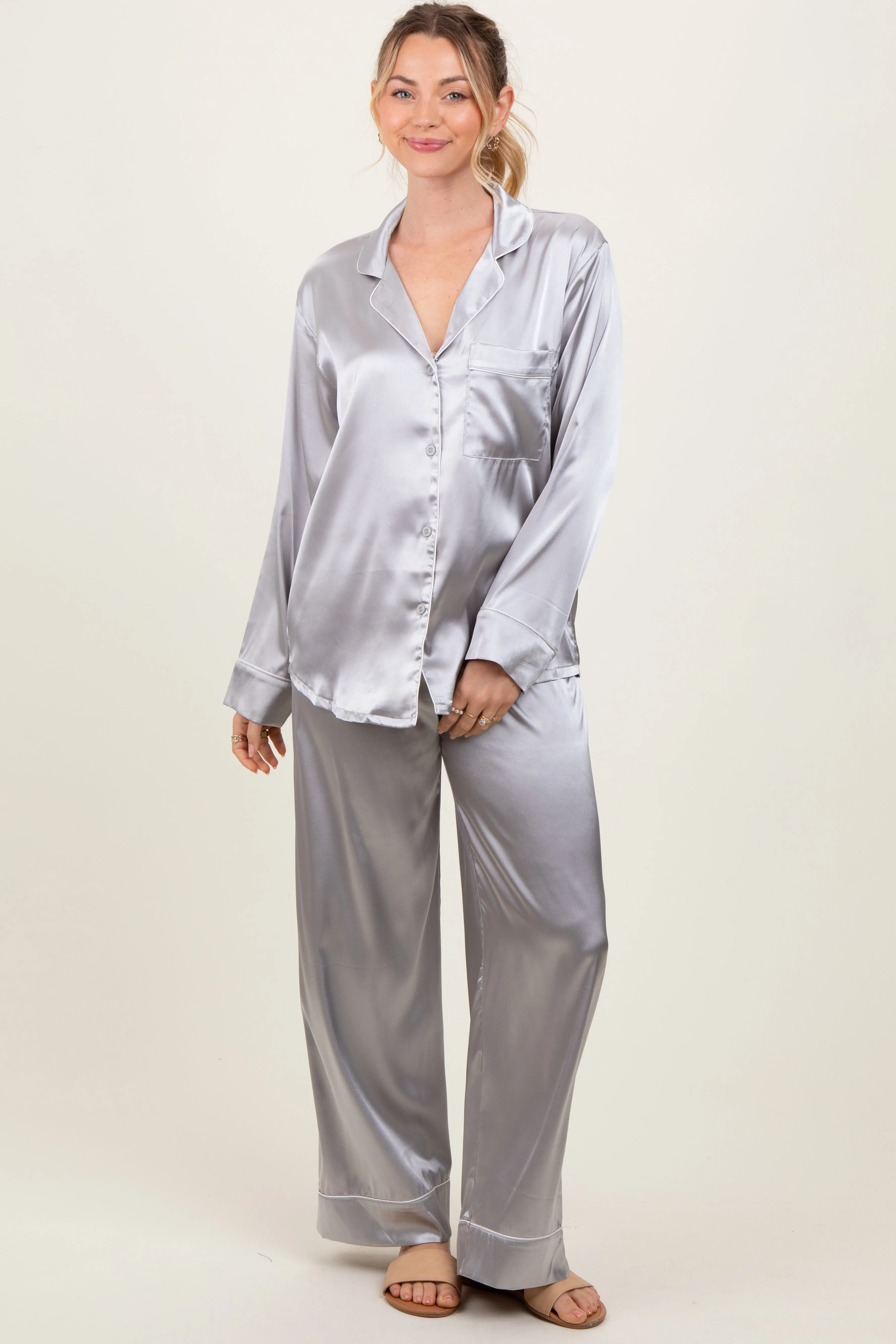 Silver Satin Contrast Trim Long Sleeve Pajama Set sold by Pinkblush product image thumbnail 2