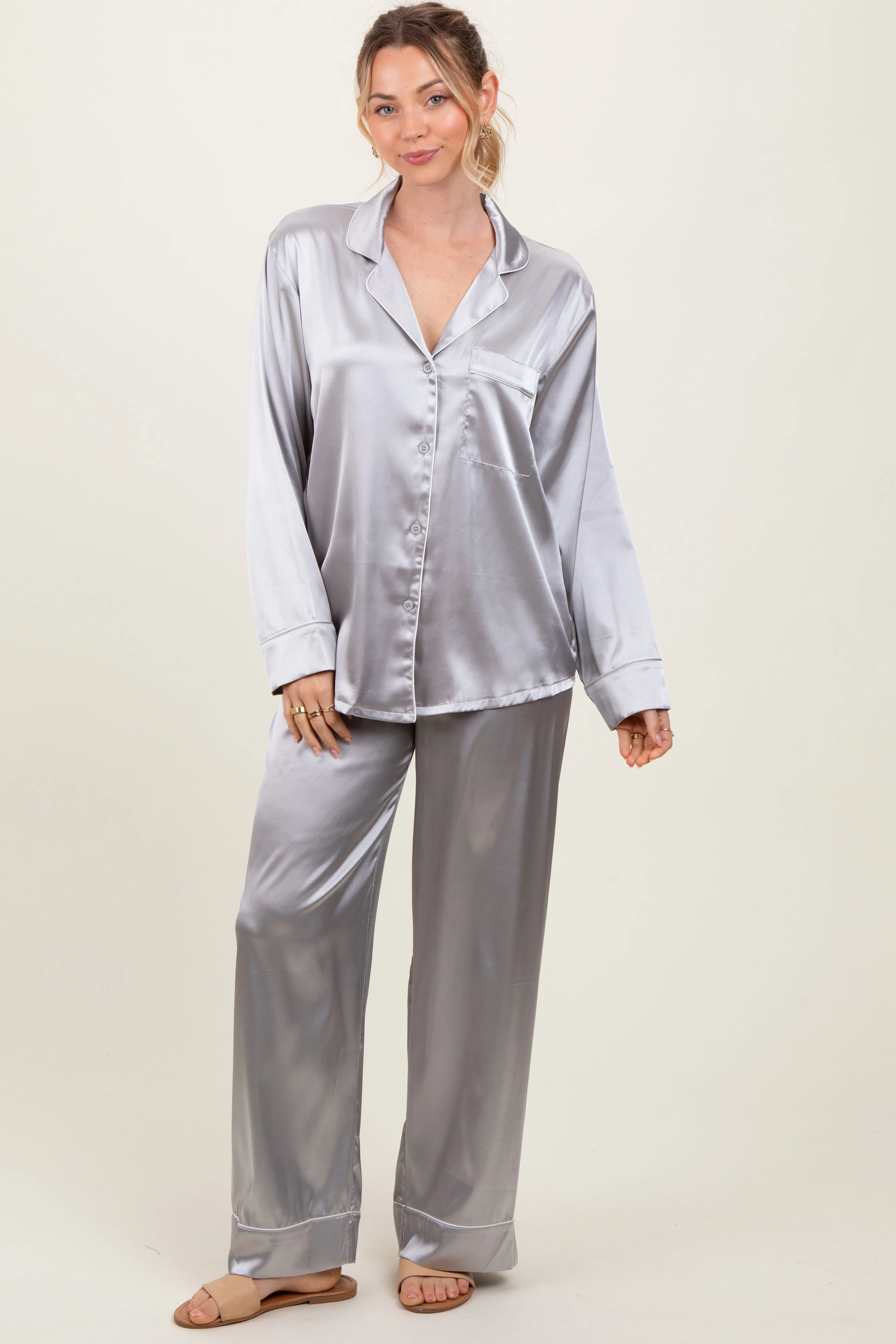 Silver Satin Contrast Trim Long Sleeve Pajama Set sold by Pinkblush