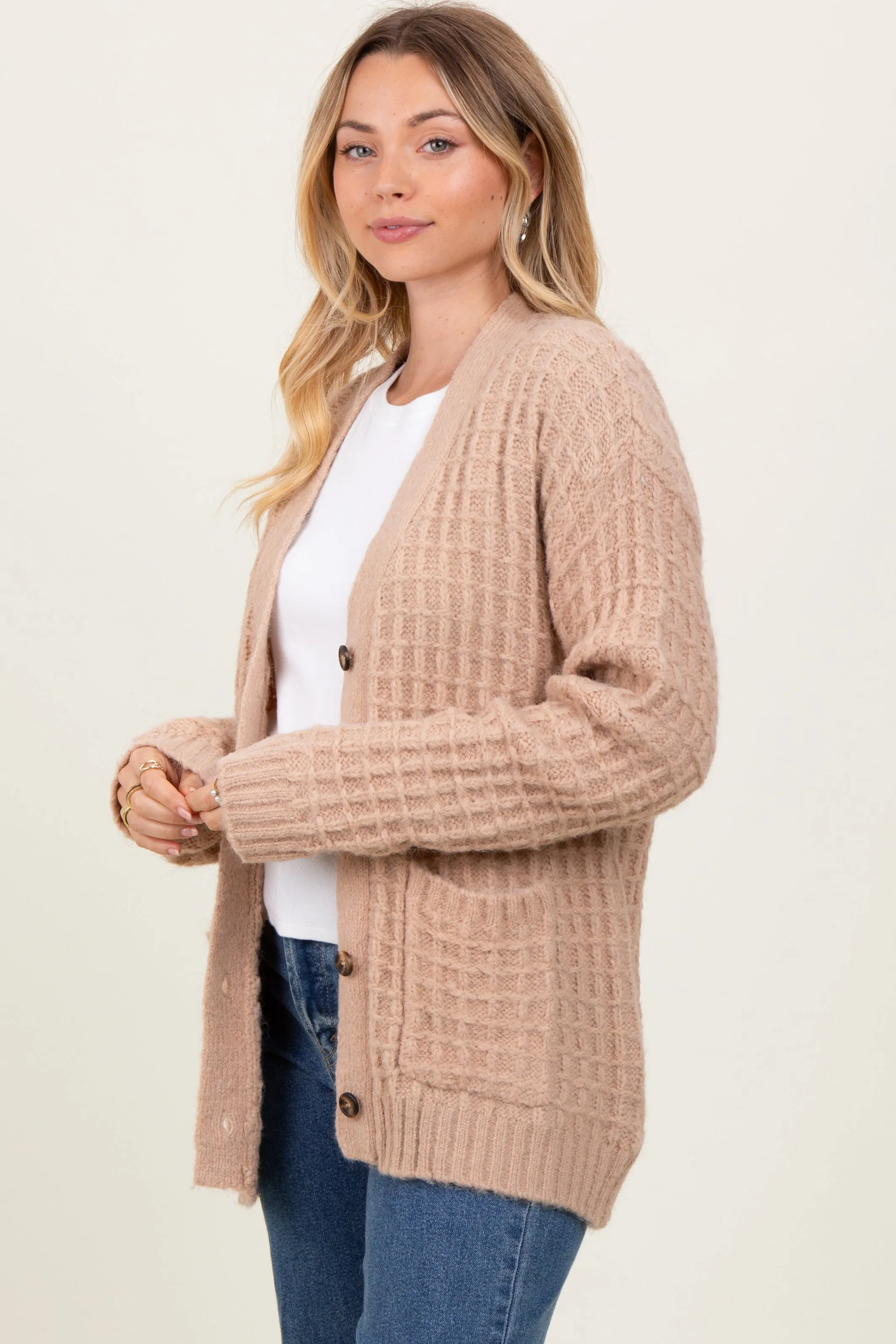 Beige Waffle Knit Button Up Cardigan sold by Pinkblush product image thumbnail 3