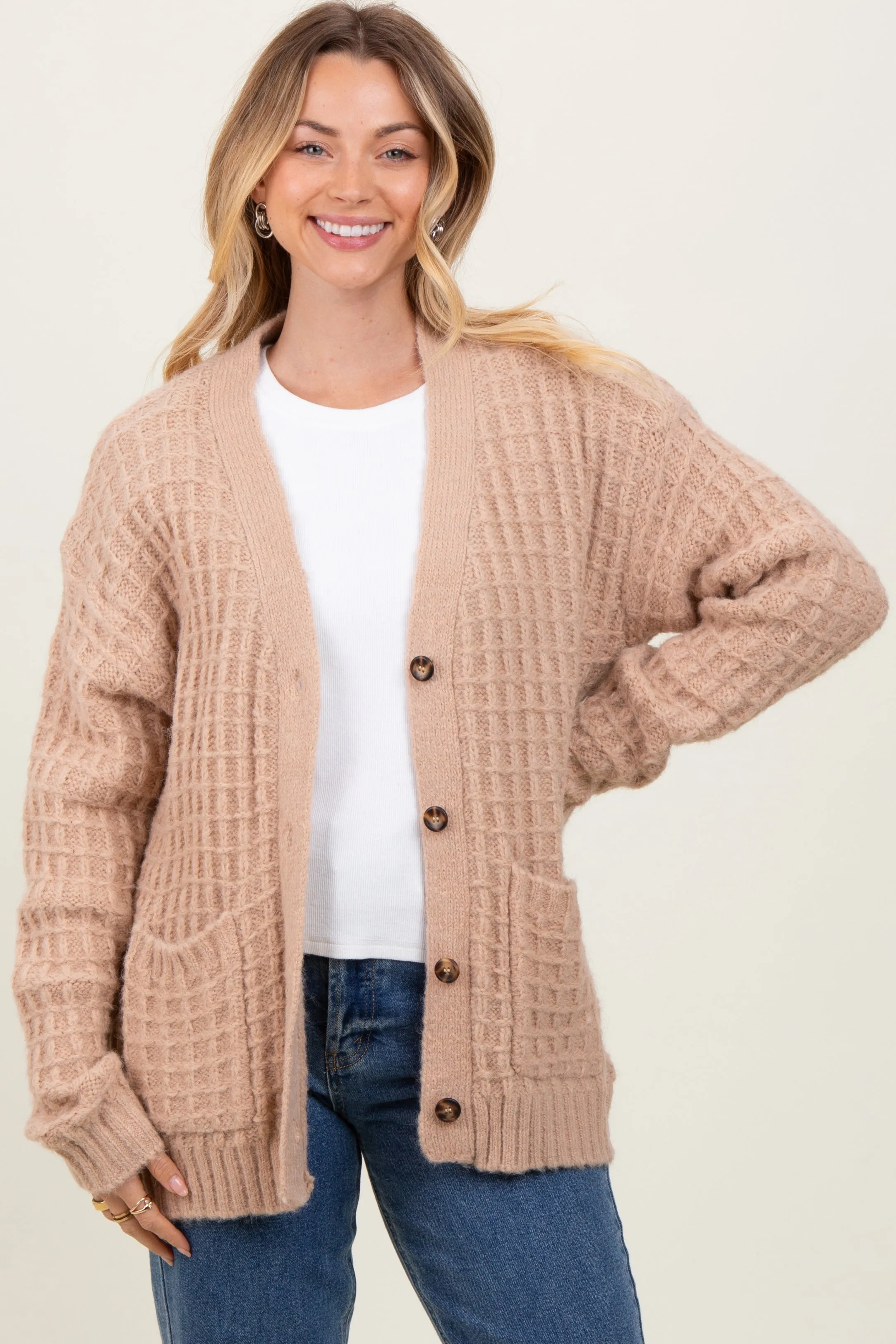 Beige Waffle Knit Button Up Cardigan sold by Pinkblush