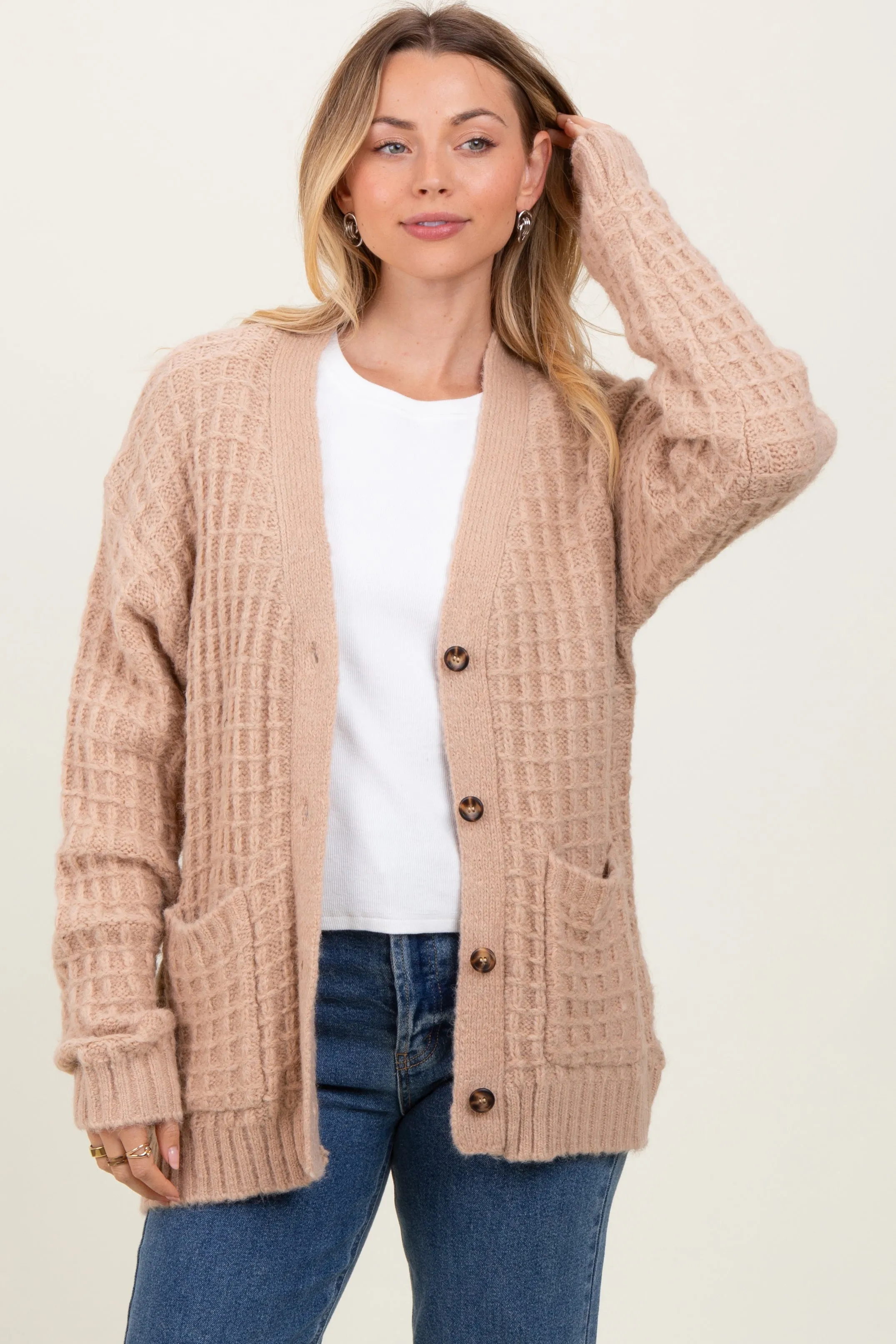 Beige Waffle Knit Button Up Cardigan sold by Pinkblush product image thumbnail 2