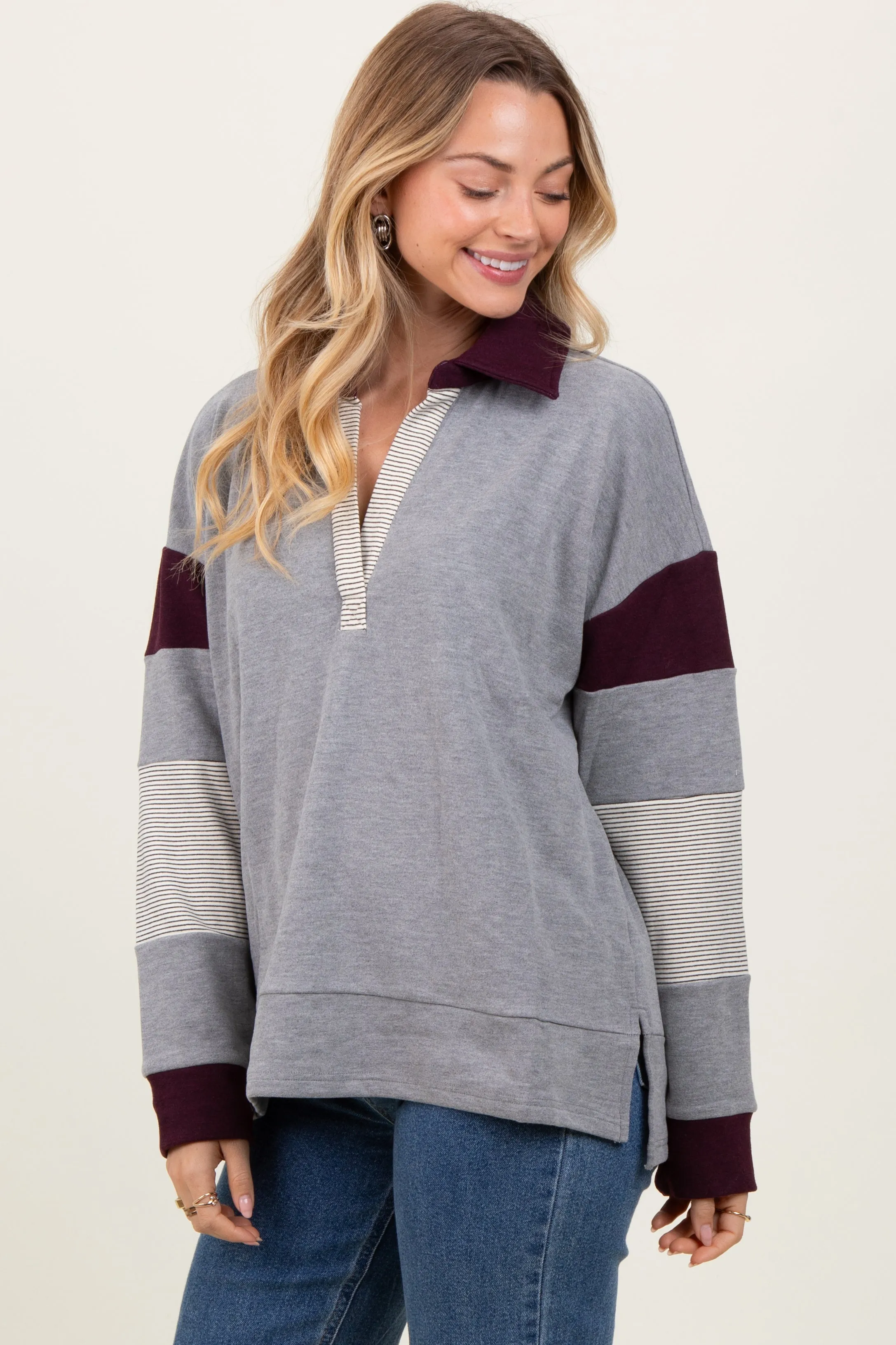 Charcoal Grey Colorblock Stripe Collared Pullover sold by Pinkblush product image thumbnail 3