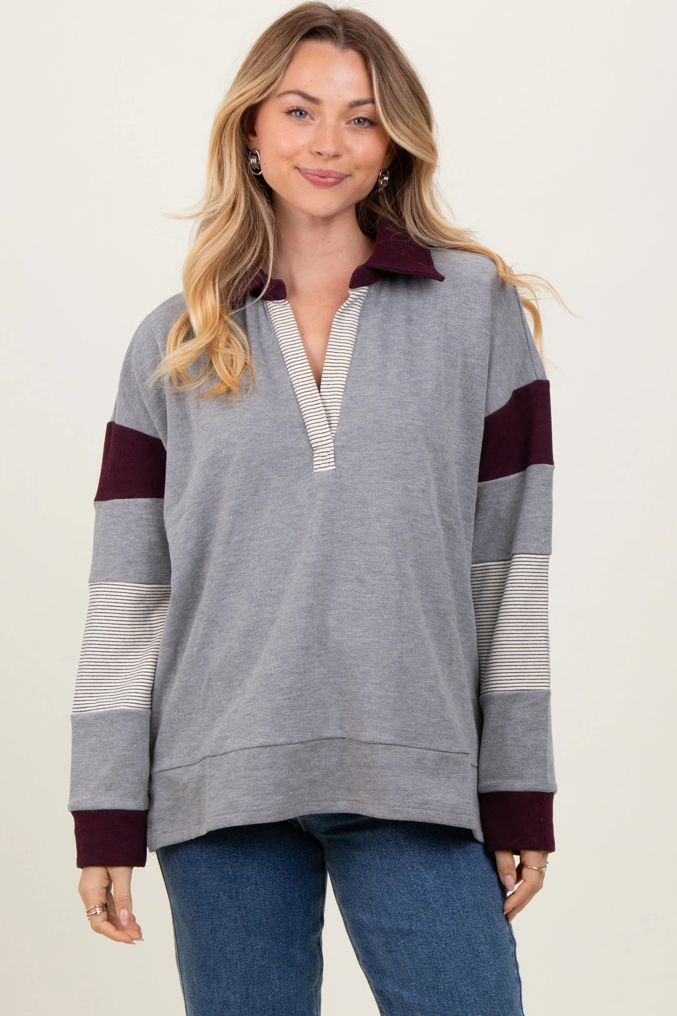 Charcoal Grey Colorblock Stripe Collared Pullover sold by Pinkblush product image thumbnail 2