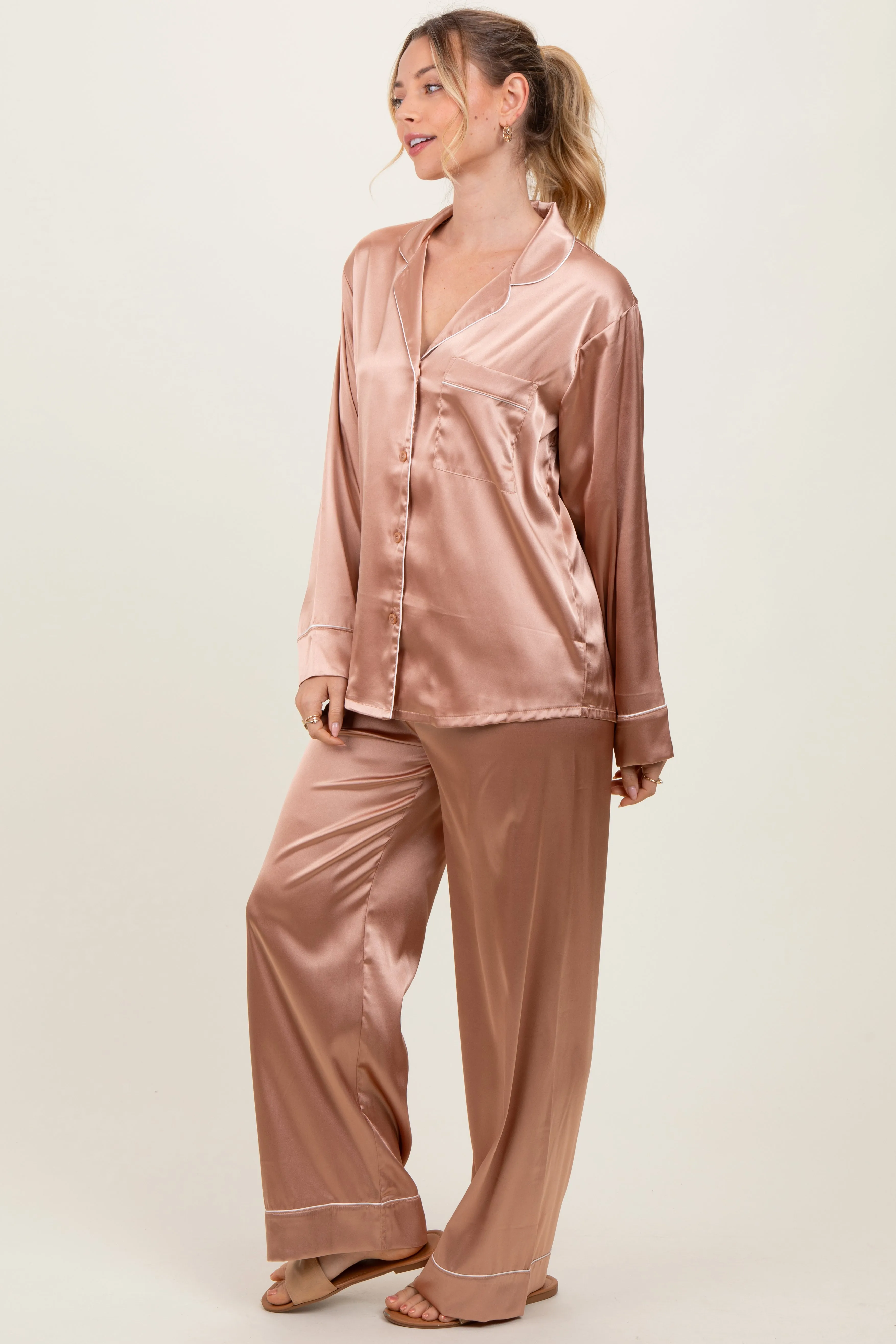 Gold Satin Contrast Trim Long Sleeve Pajama Set sold by Pinkblush product image thumbnail 3