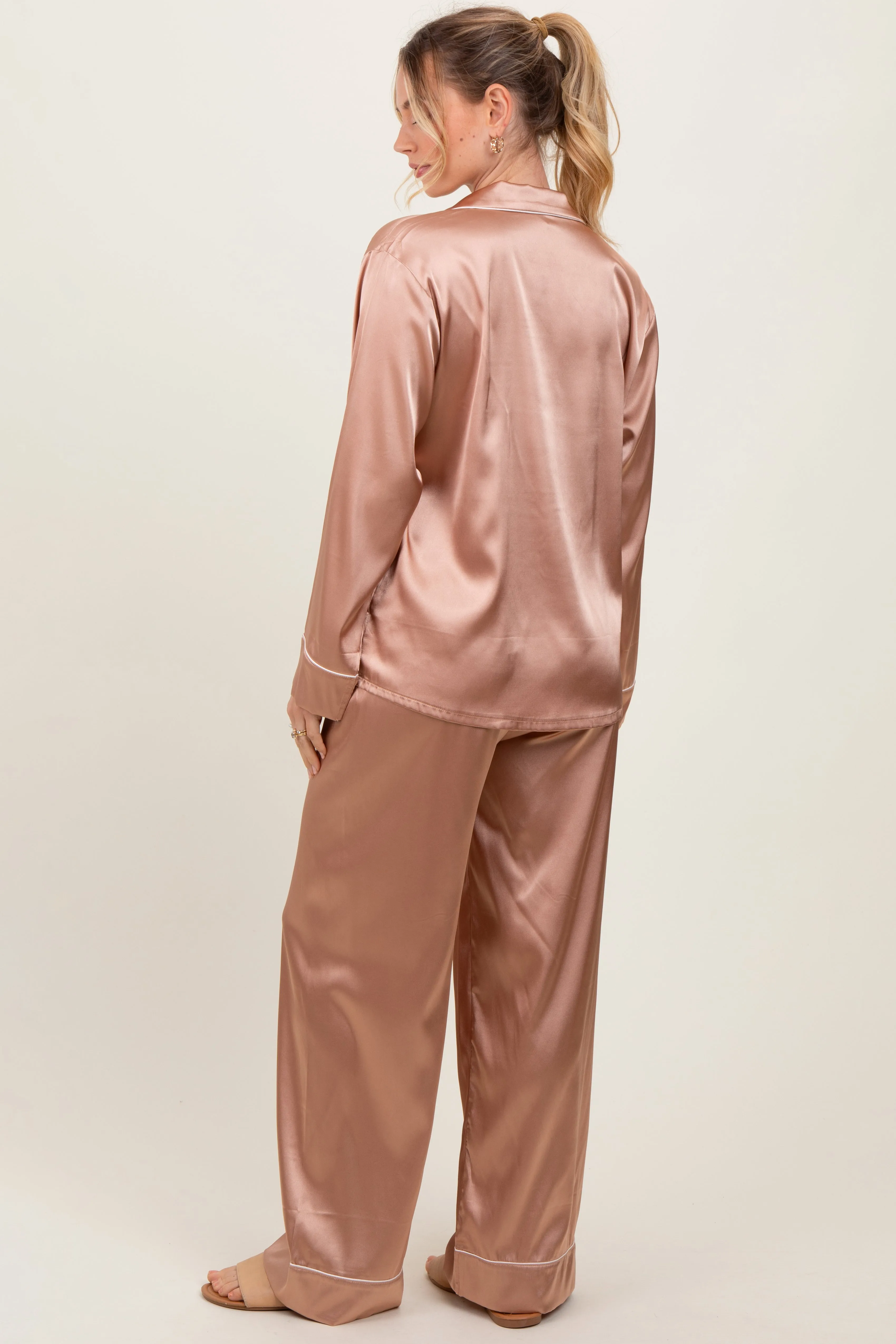 Gold Satin Contrast Trim Long Sleeve Pajama Set sold by Pinkblush product image thumbnail 4