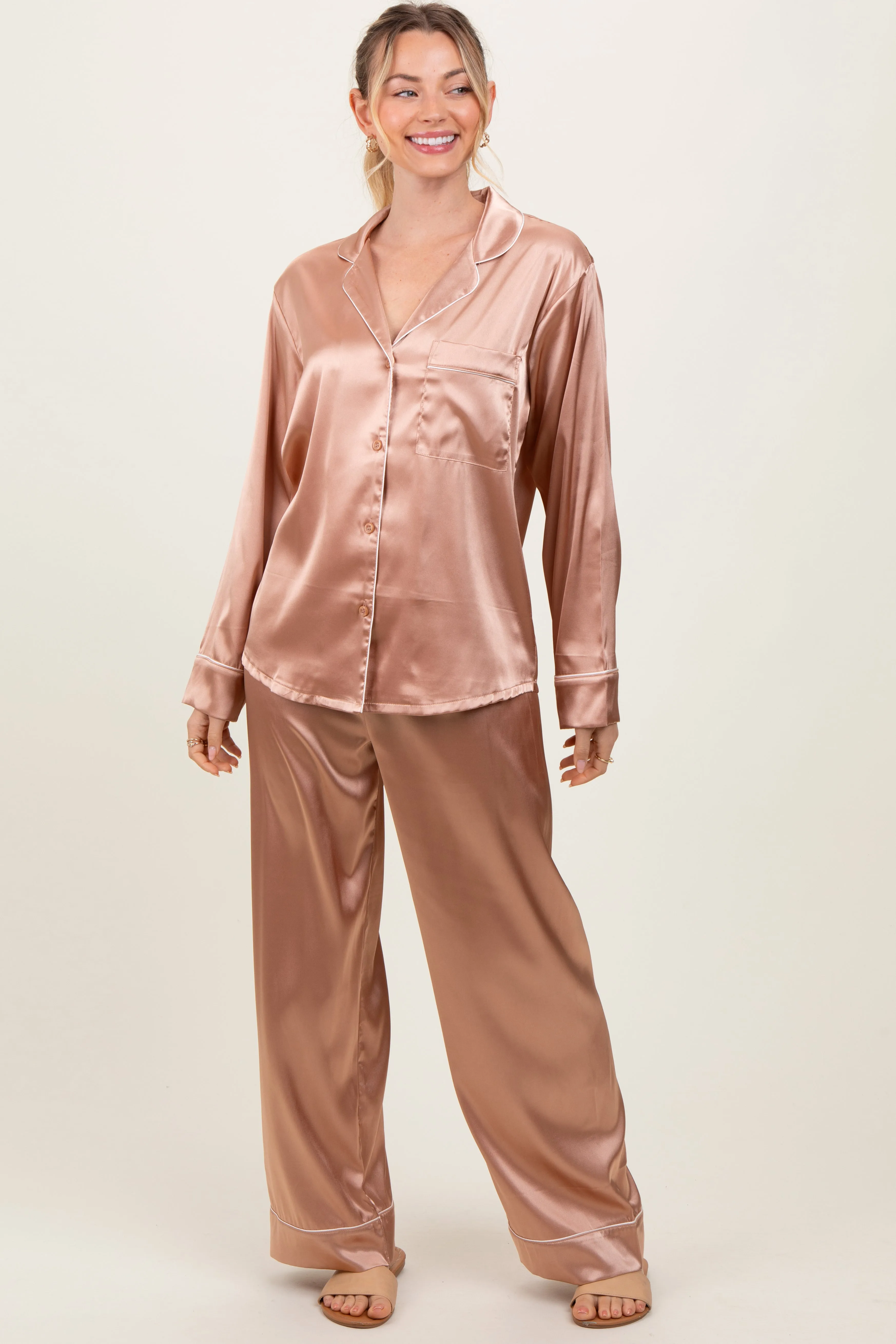 Gold Satin Contrast Trim Long Sleeve Pajama Set sold by Pinkblush