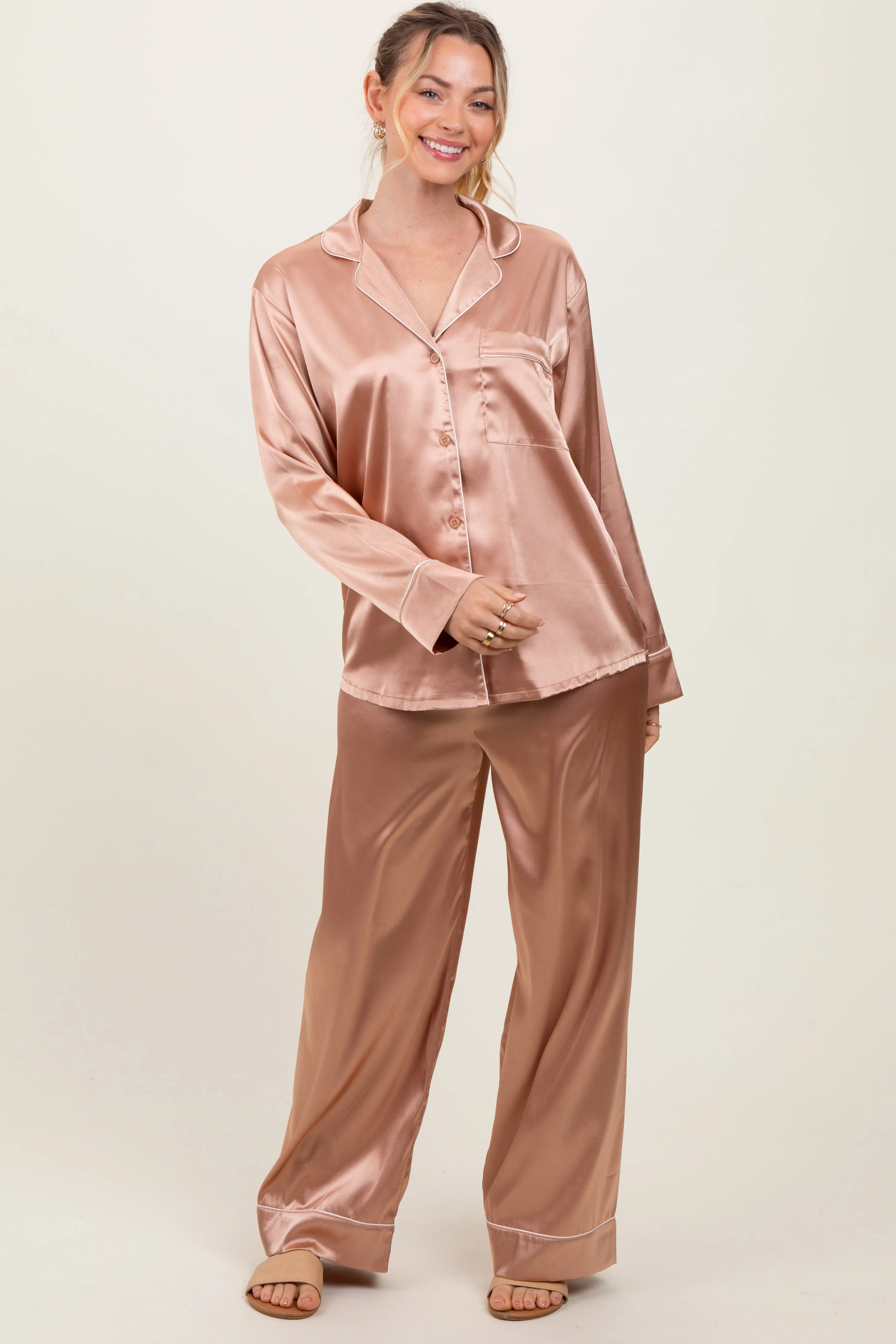 Gold Satin Contrast Trim Long Sleeve Pajama Set sold by Pinkblush product image thumbnail 2