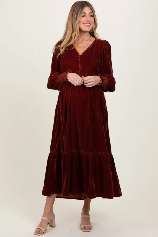 Brown Velvet Button Accent Smocked Sleeve Maternity Midi Dress sold by Pinkblush