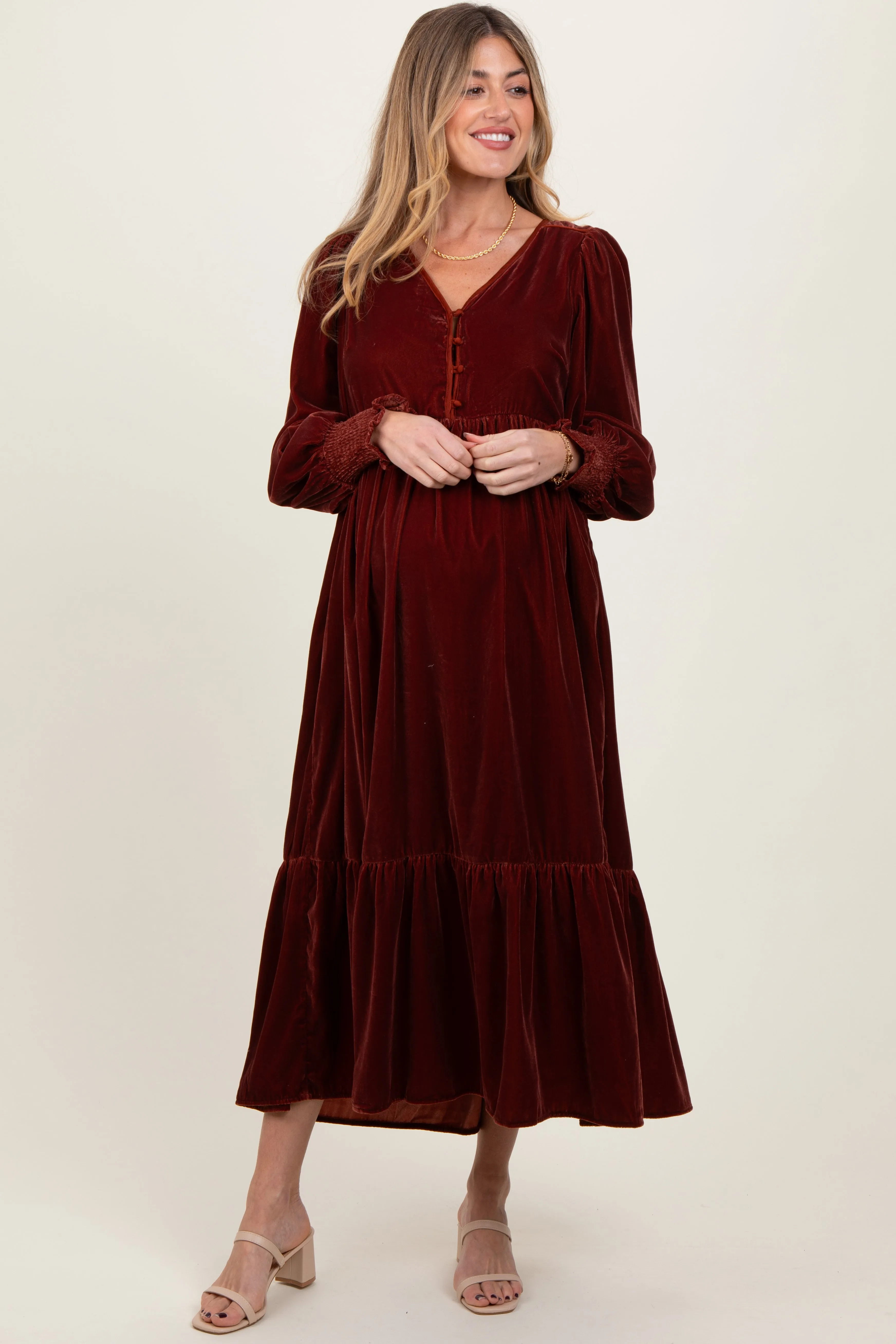 Brown Velvet Button Accent Smocked Sleeve Maternity Midi Dress sold by Pinkblush