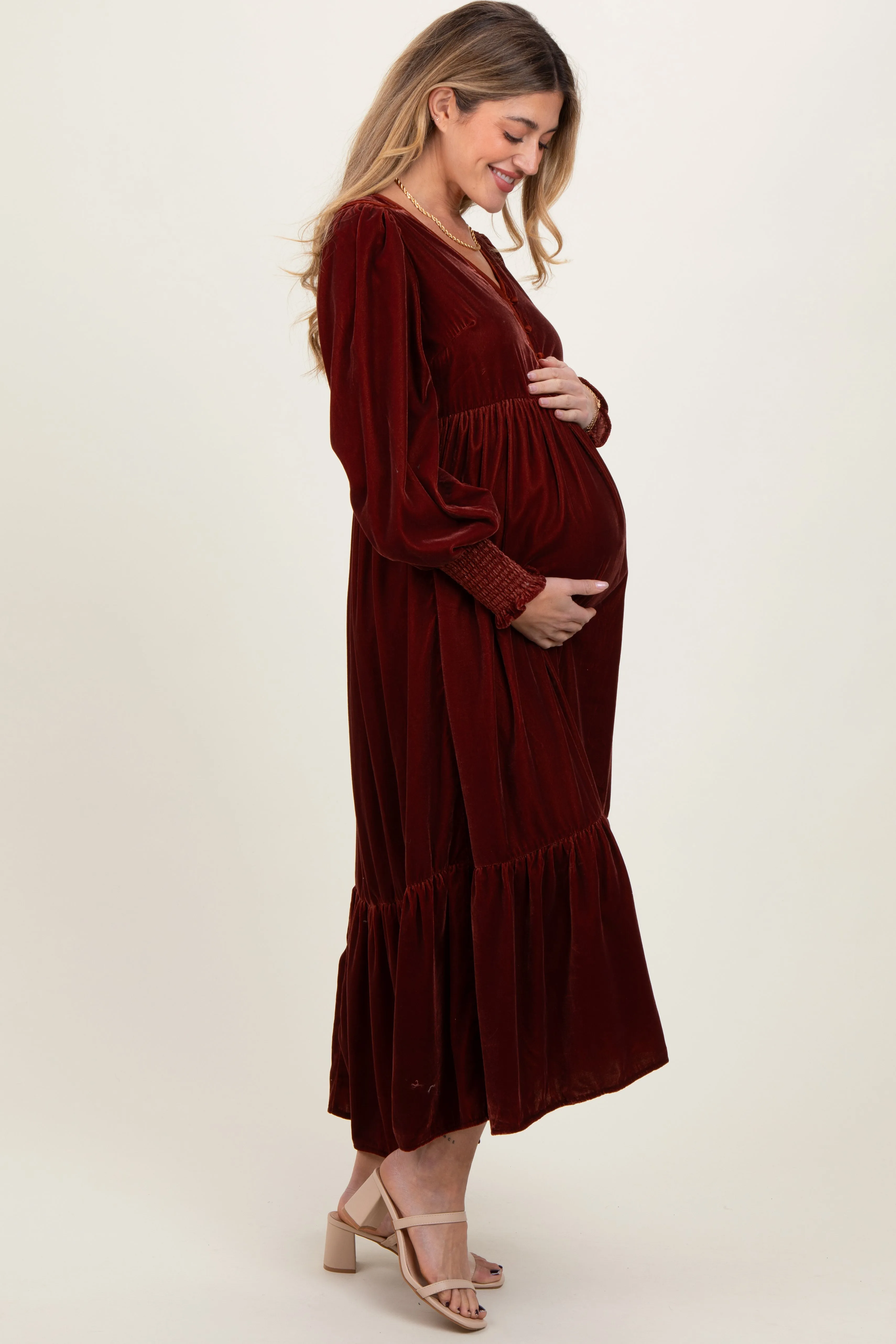 Brown Velvet Button Accent Smocked Sleeve Maternity Midi Dress sold by Pinkblush product image thumbnail 2