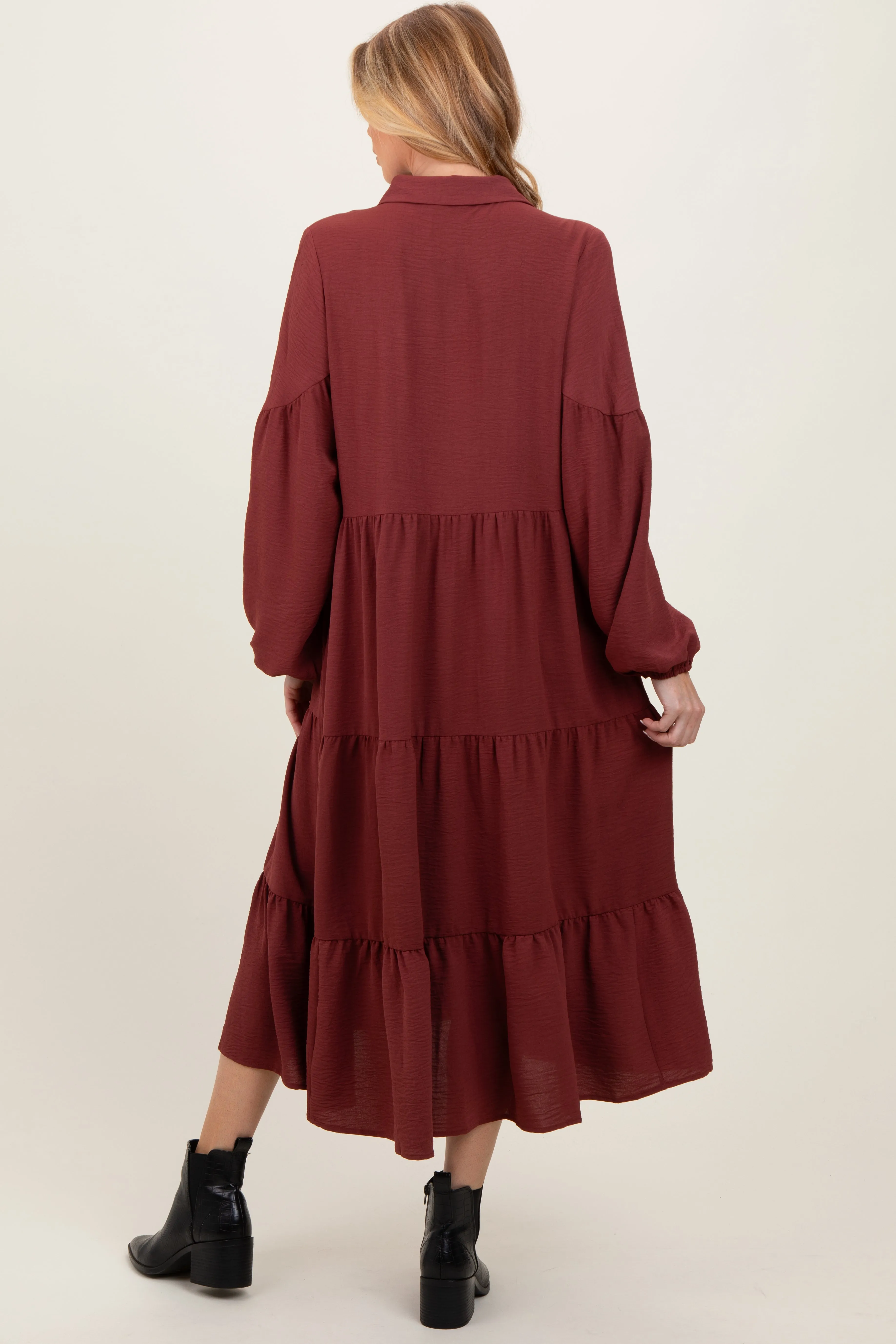Rust Tiered Button Down Long Sleeve Maternity Maxi Dress sold by Pinkblush product image thumbnail 3
