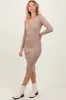 Beige Ribbed Henley Neckline Midi Sweater Dress sold by Pinkblush