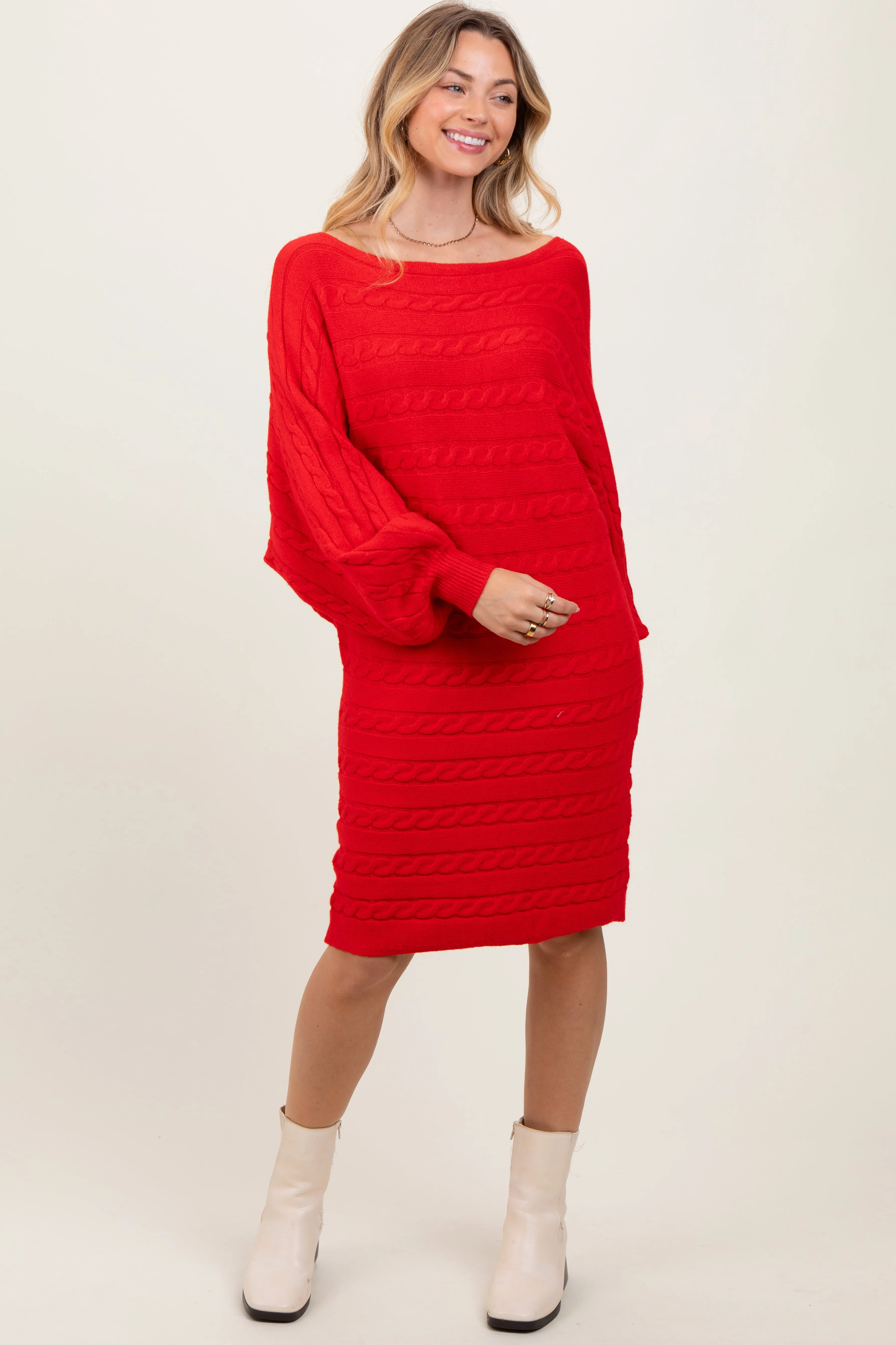 Red Cable Knit Dolman Sleeve Sweater Mini Dress sold by Pinkblush product image thumbnail 2