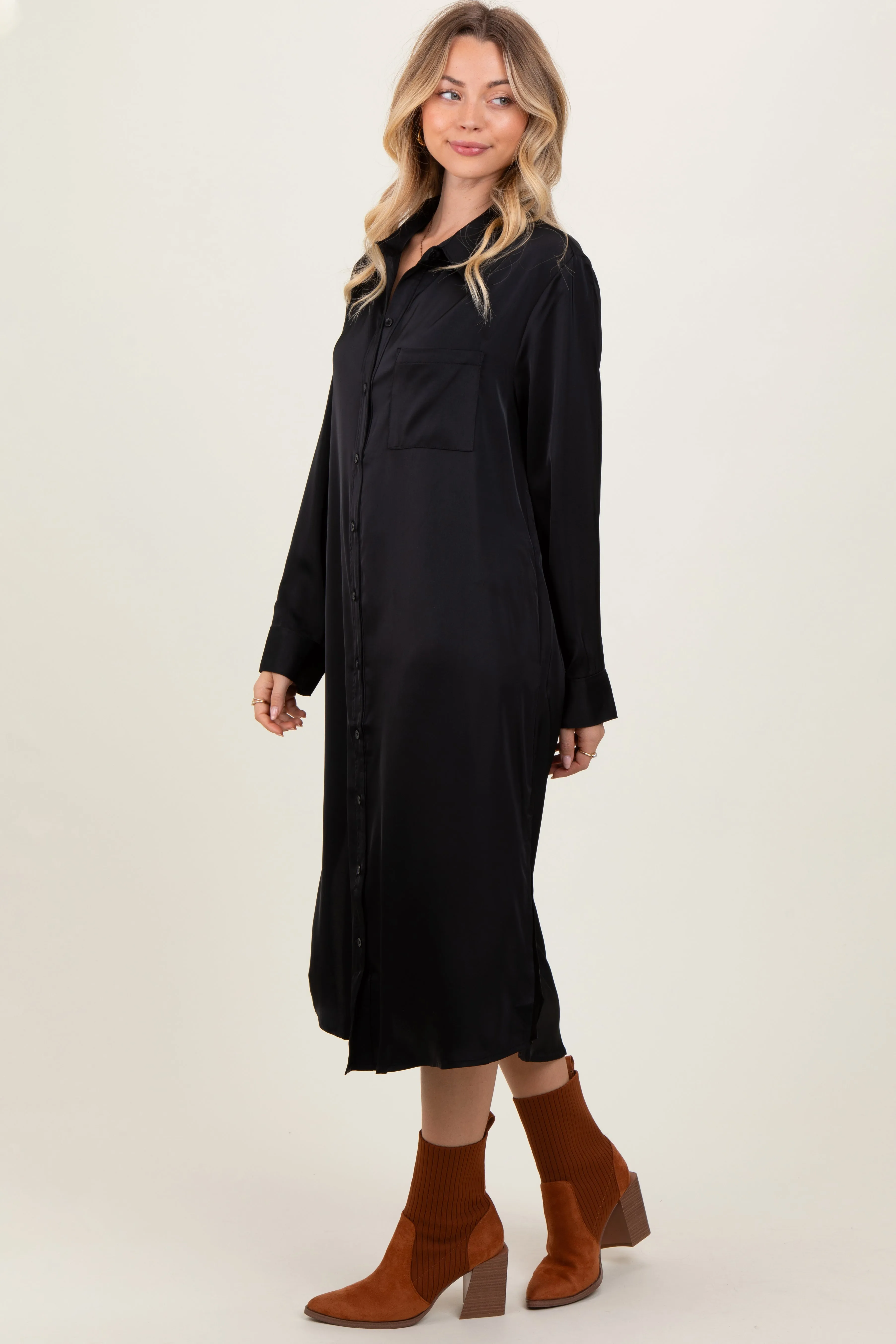 Black Long Sleeve Midi Shirt Dress sold by Pinkblush product image thumbnail 3