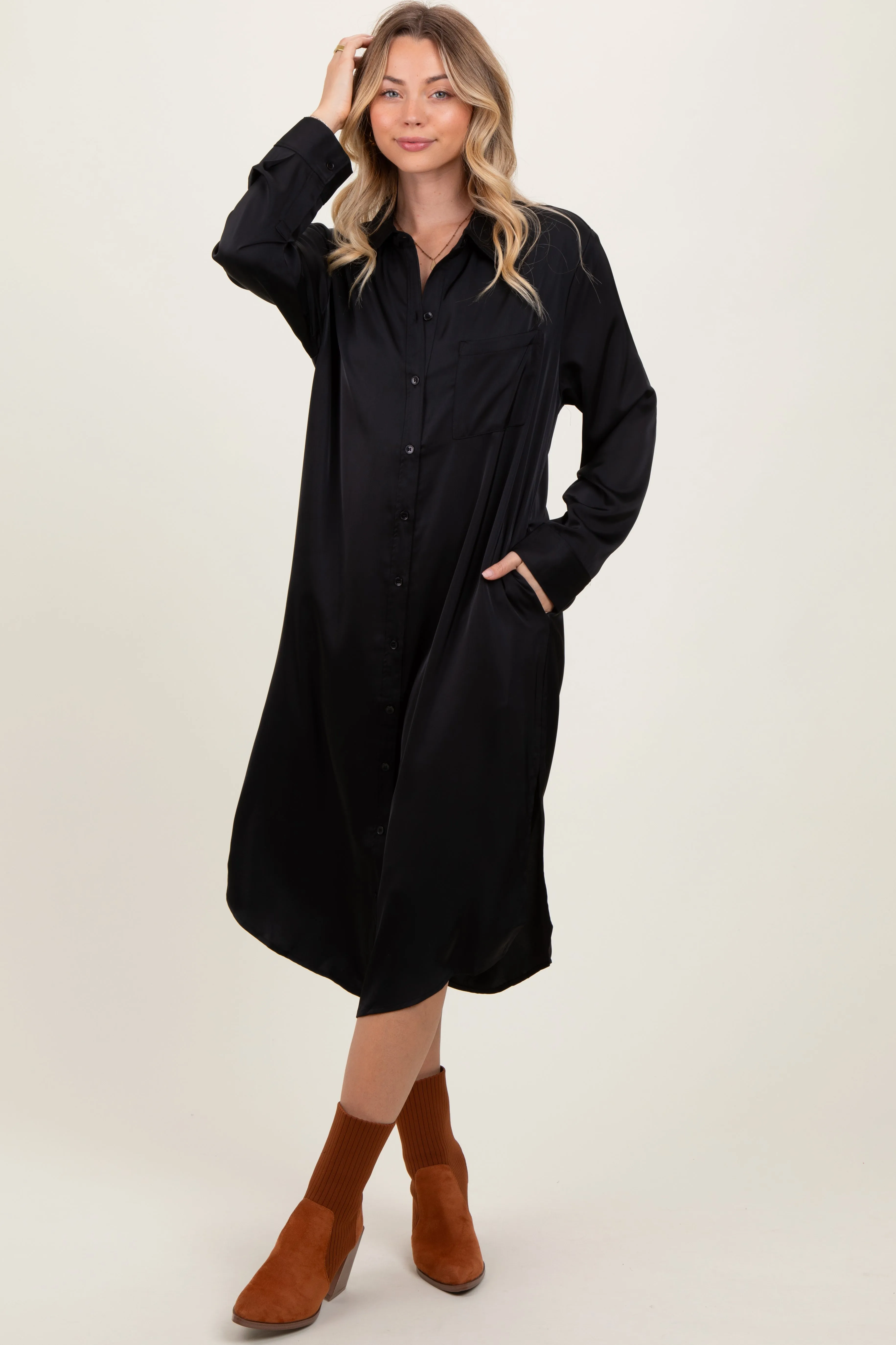 Black Long Sleeve Midi Shirt Dress sold by Pinkblush