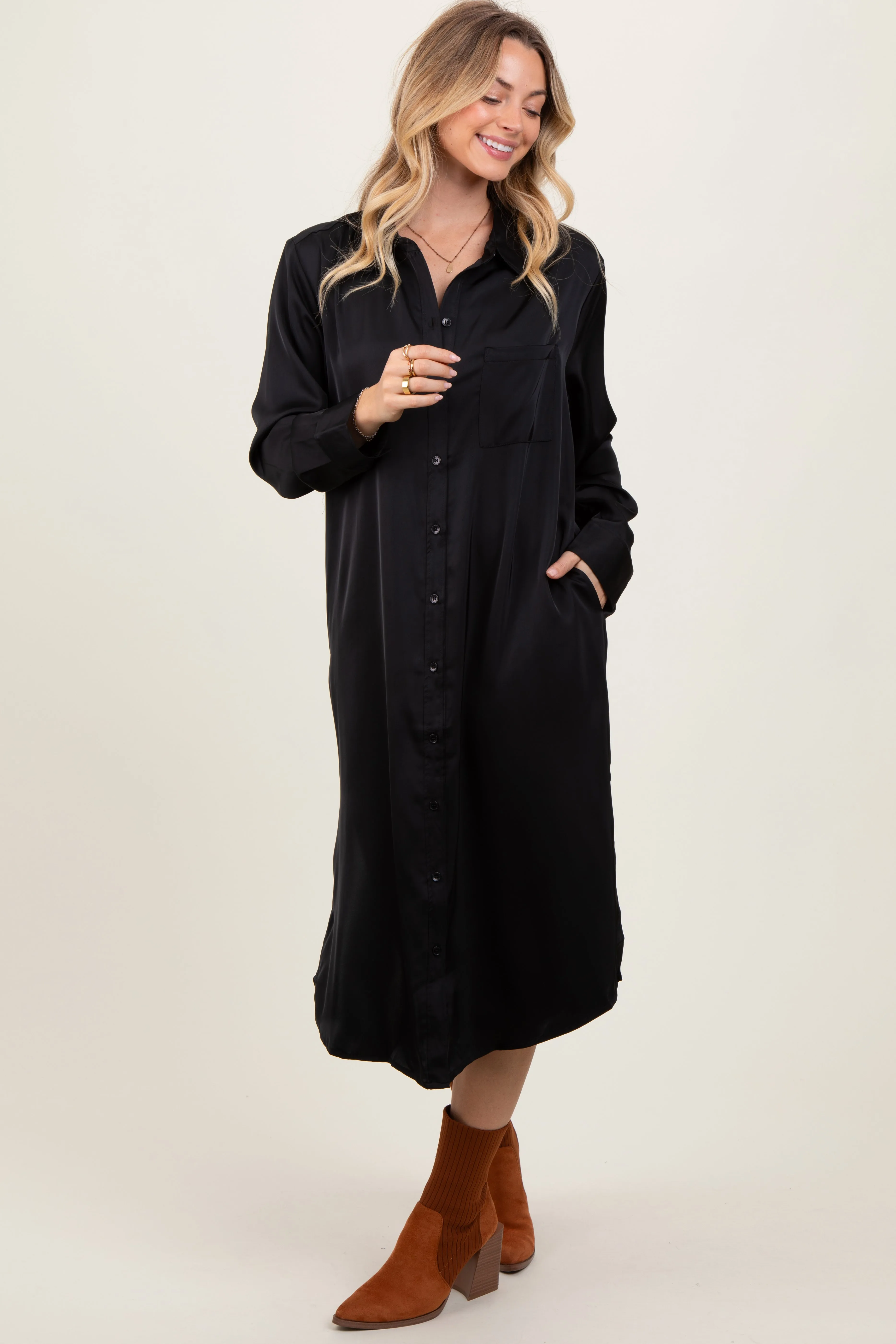 Black Long Sleeve Midi Shirt Dress sold by Pinkblush product image thumbnail 2