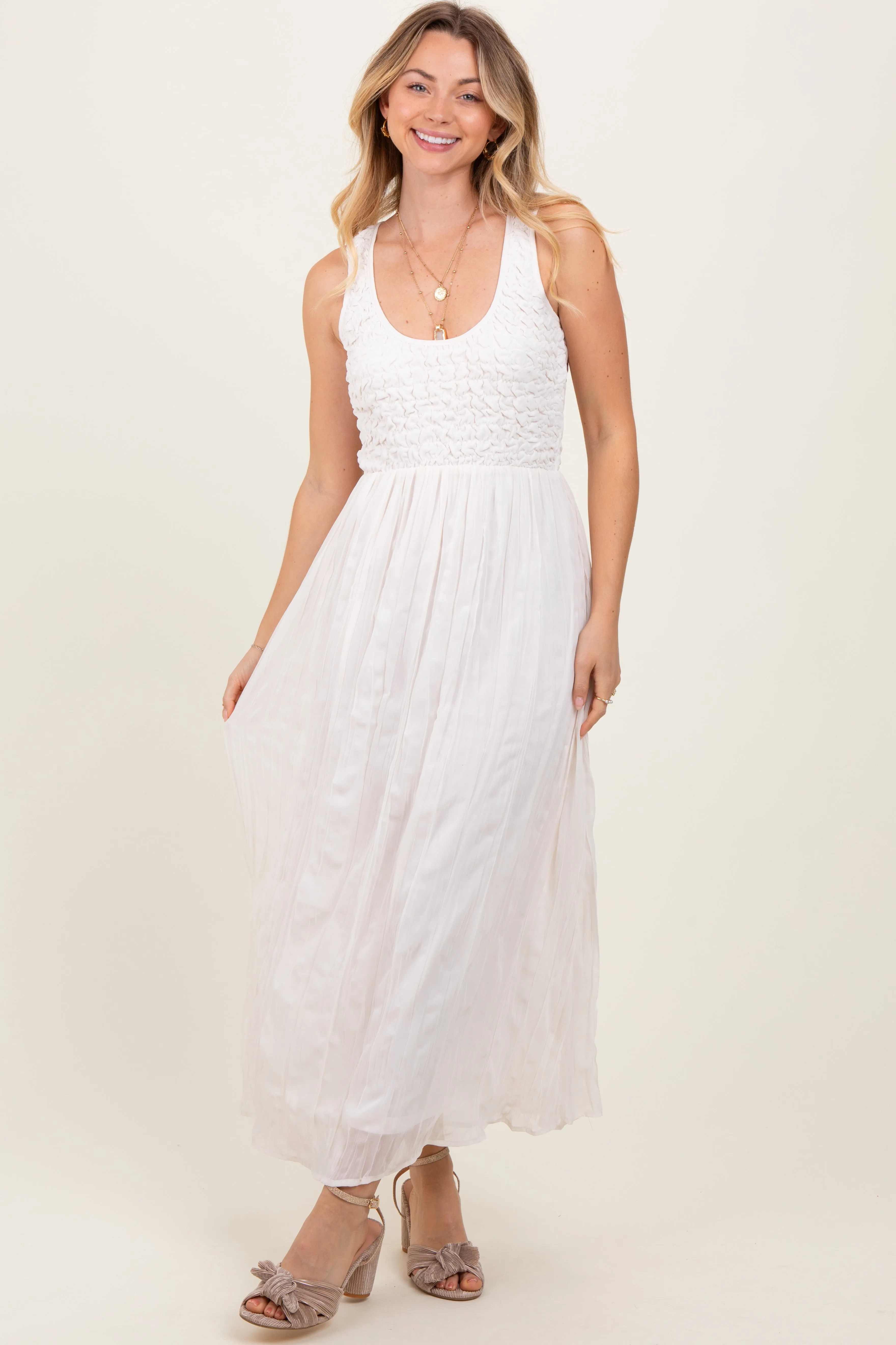 Ivory Textured Smocked Bodice Sleeveless Maxi Dress sold by Pinkblush