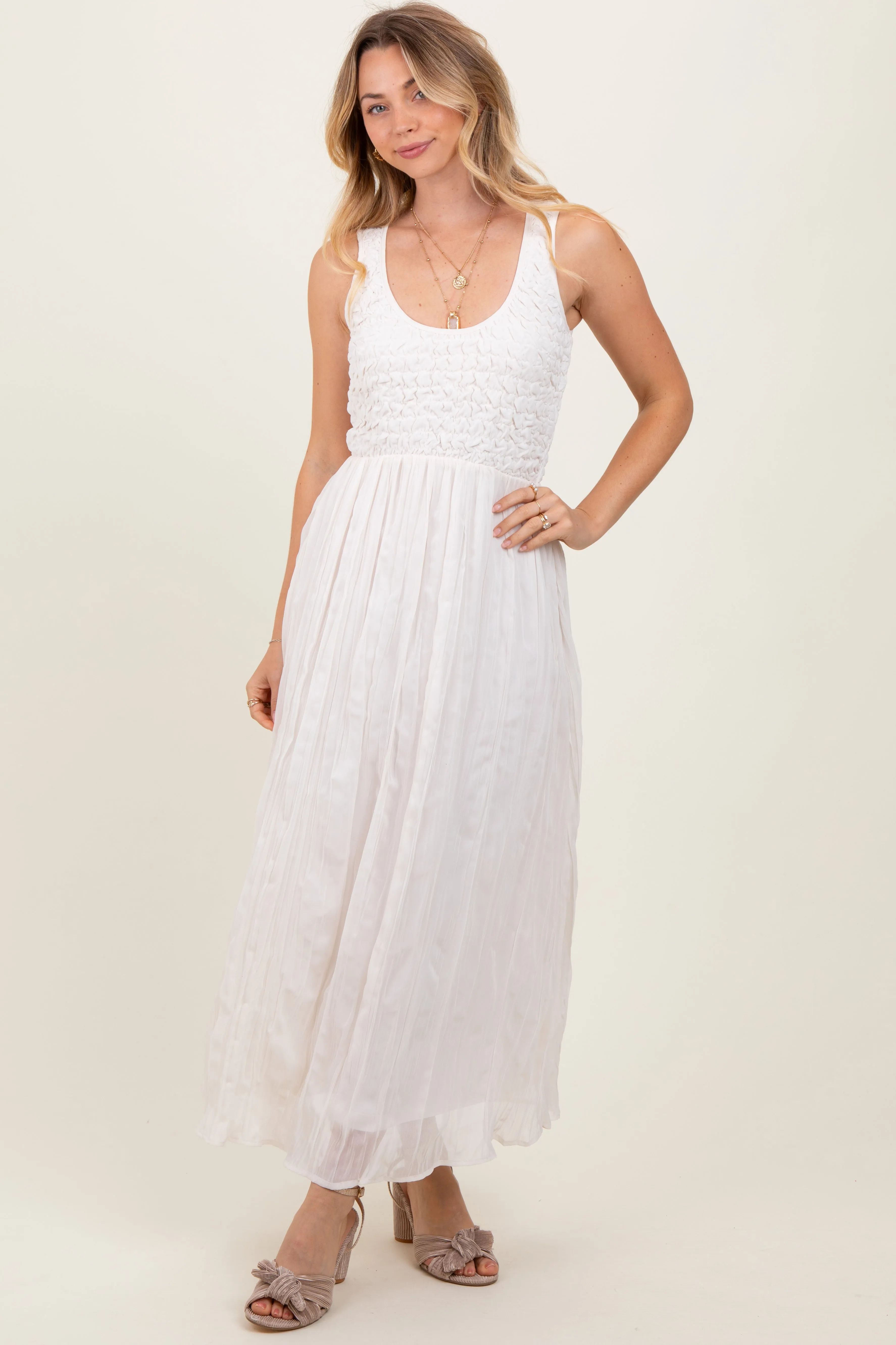 Ivory Textured Smocked Bodice Sleeveless Maxi Dress sold by Pinkblush product image thumbnail 2