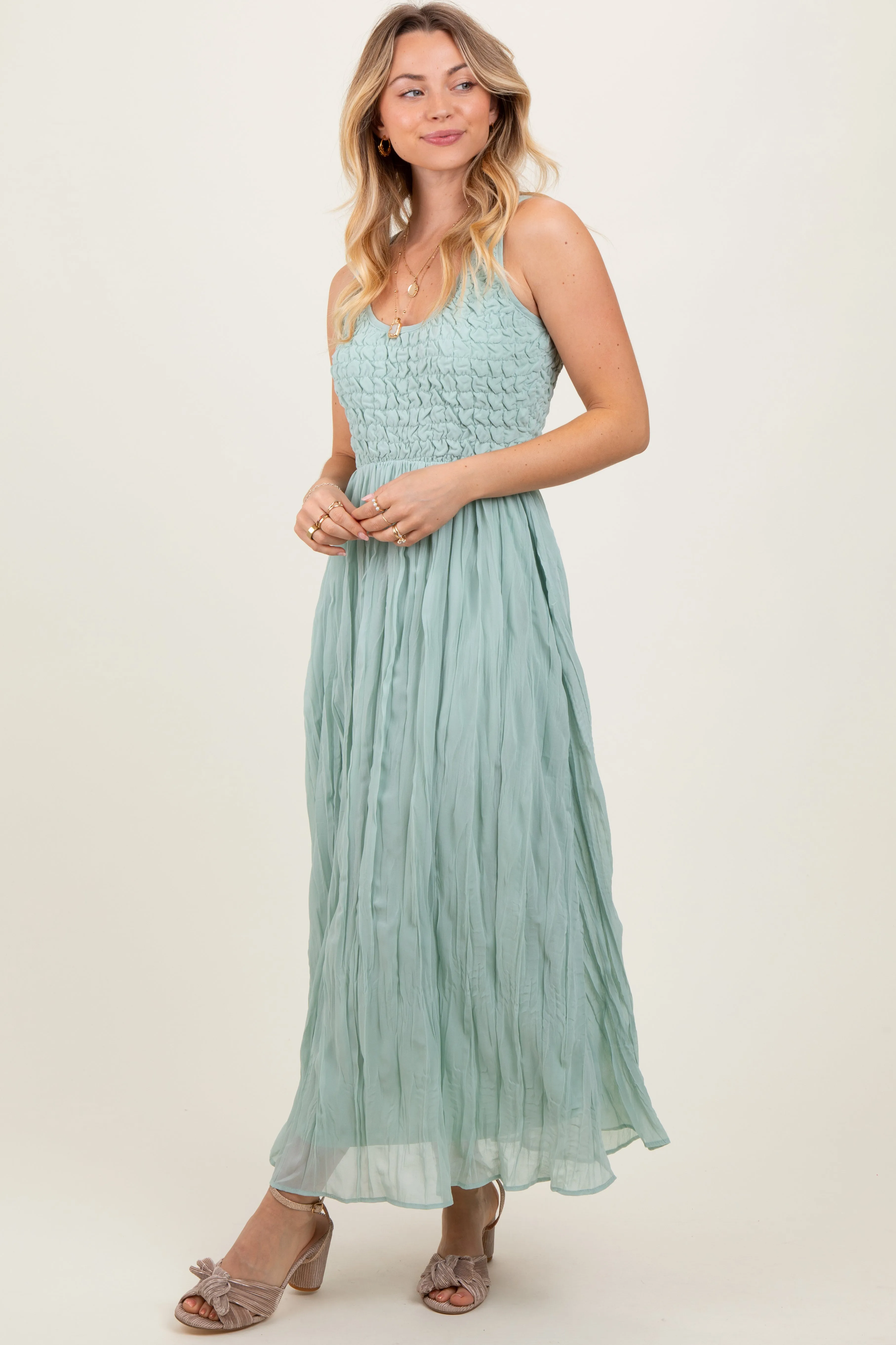 Light Olive Textured Smocked Bodice Sleeveless Maxi Dress sold by Pinkblush product image thumbnail 3