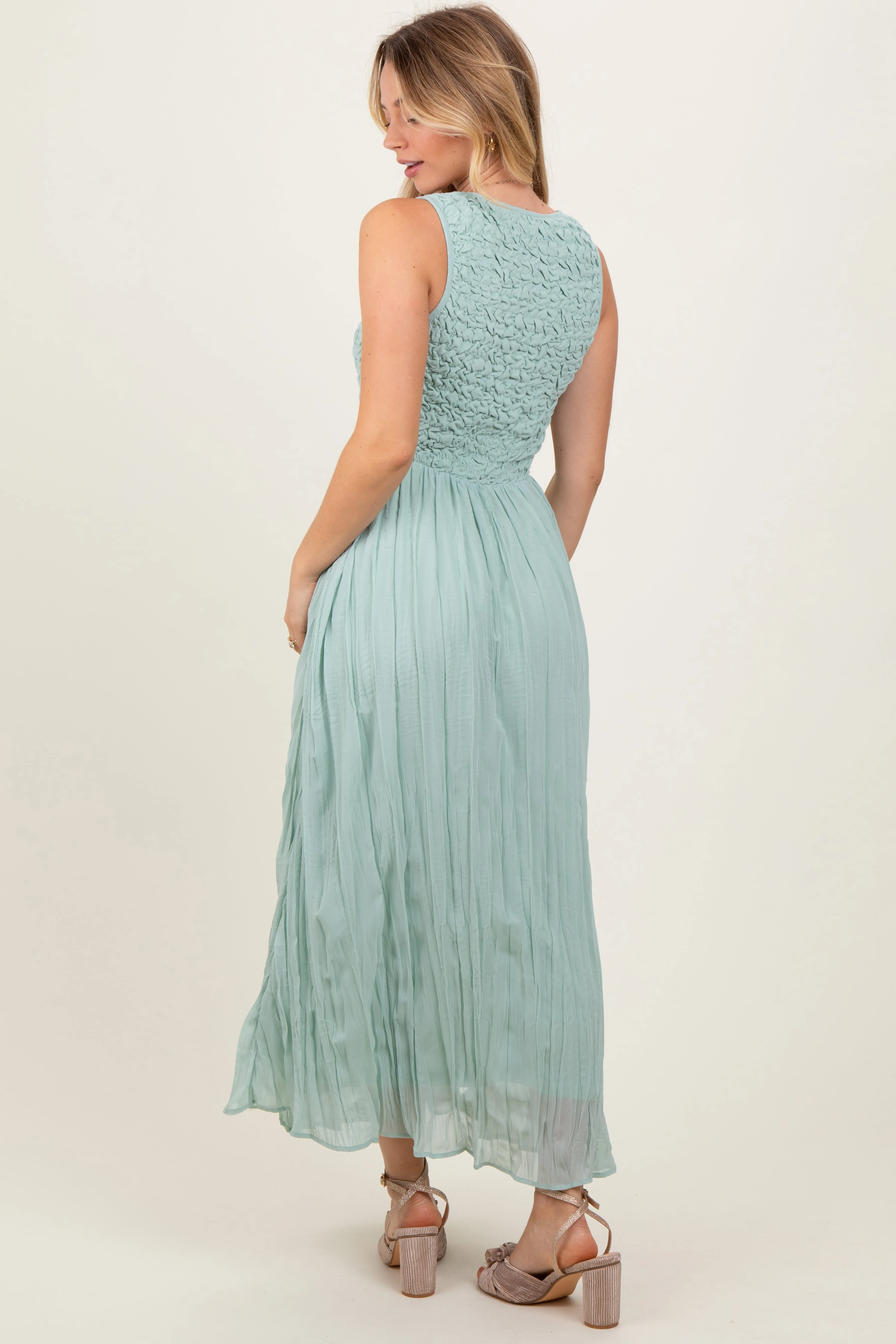 Light Olive Textured Smocked Bodice Sleeveless Maxi Dress sold by Pinkblush product image thumbnail 4