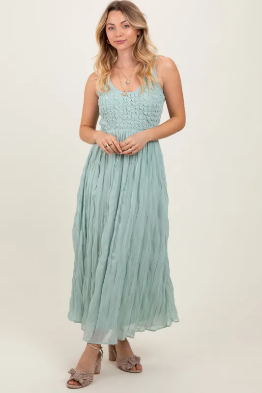 Light Olive Textured Smocked Bodice Sleeveless Maxi Dress sold by Pinkblush