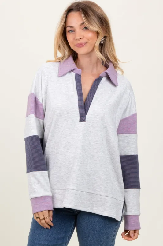 Heather Grey Colorblock Stripe Collared Pullover sold by Pinkblush