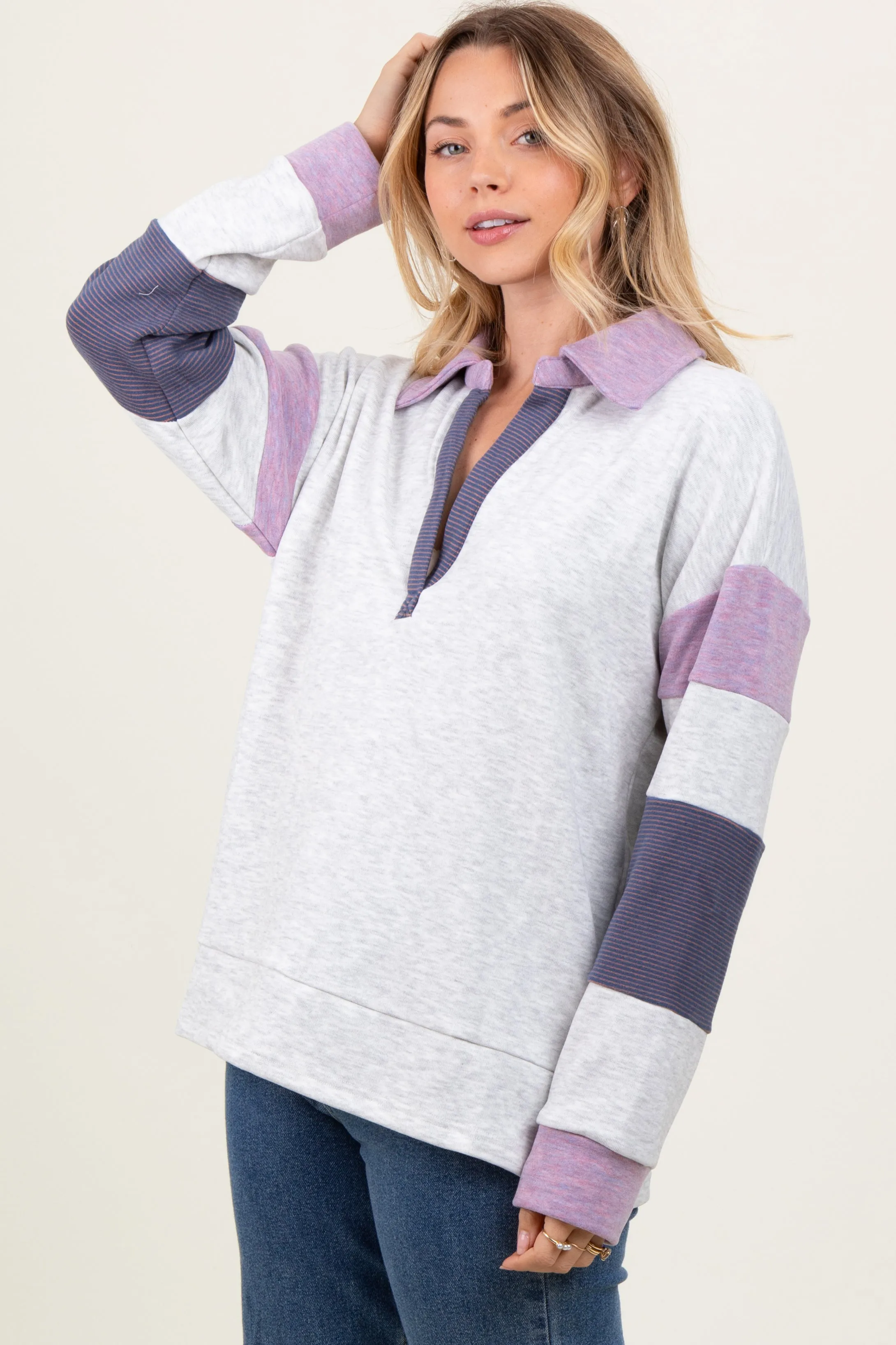 Heather Grey Colorblock Stripe Collared Pullover sold by Pinkblush product image thumbnail 2