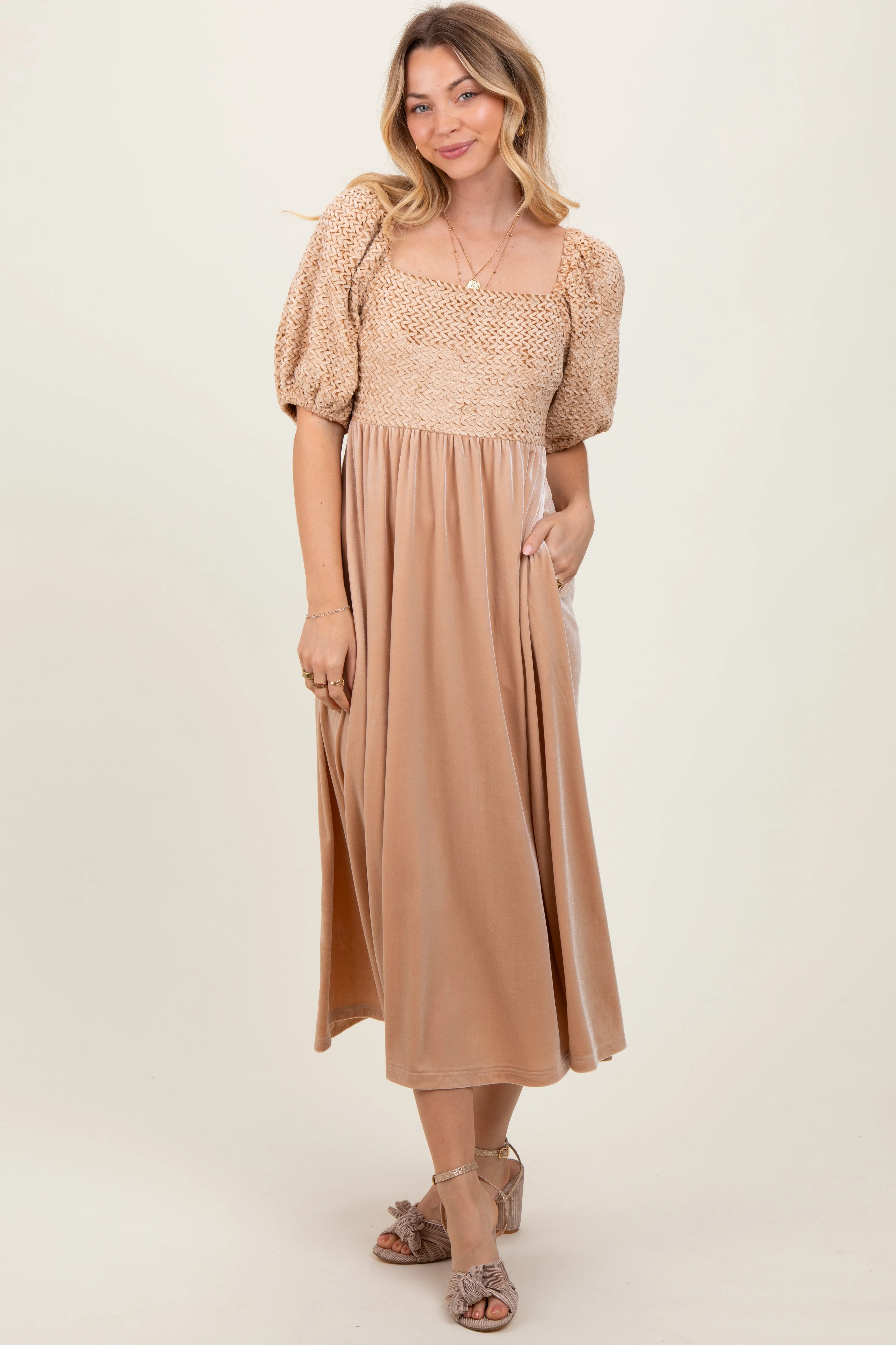 Tan Velvet Contrast Square Neck Midi Dress sold by Pinkblush
