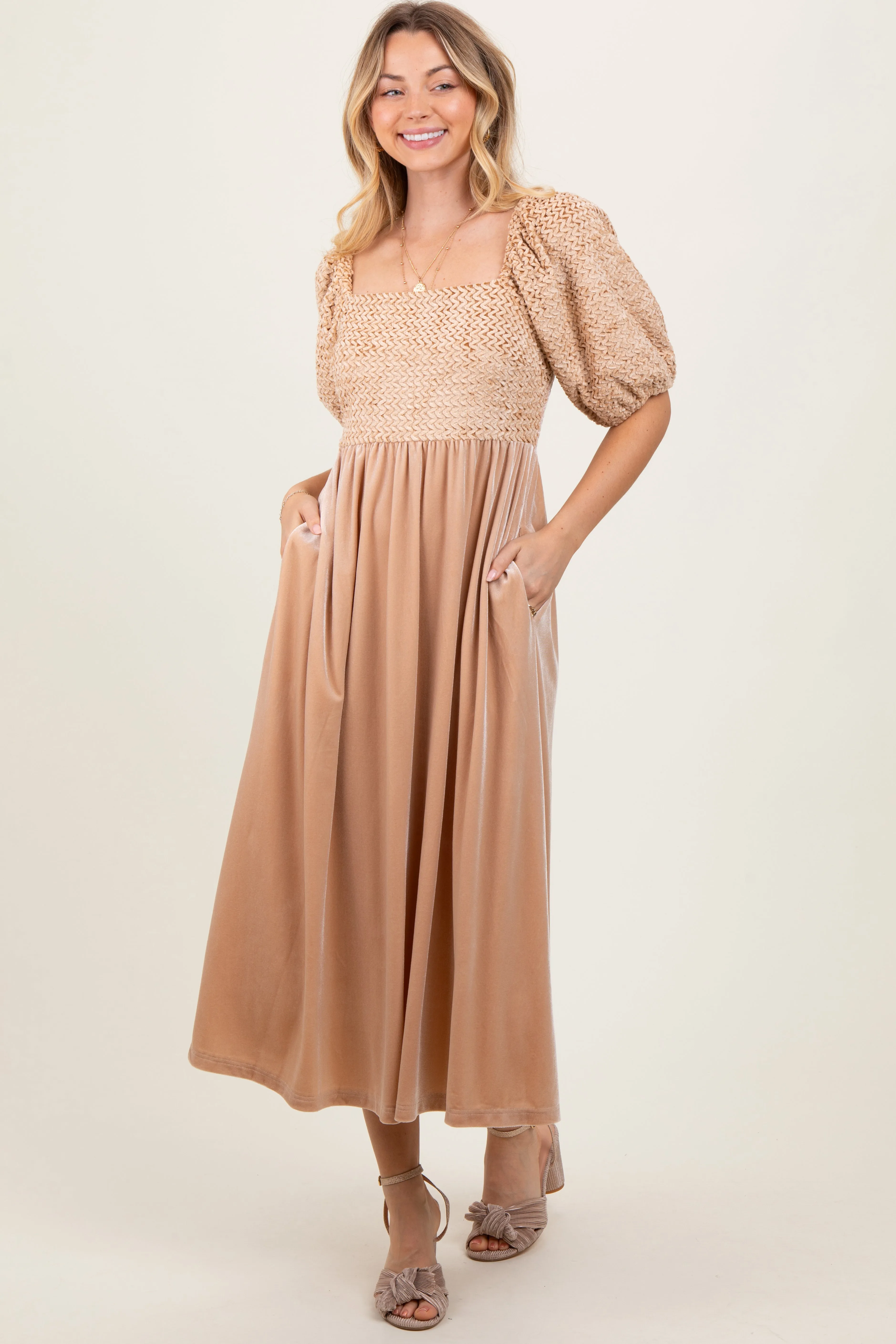 Tan Velvet Contrast Square Neck Midi Dress sold by Pinkblush product image thumbnail 2